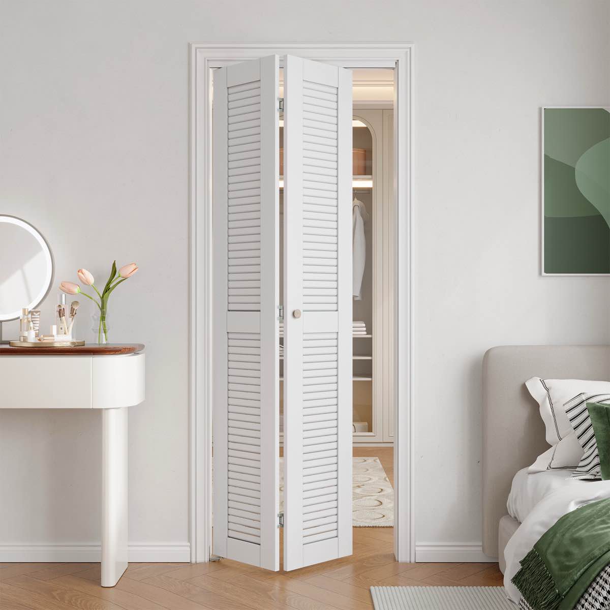 Condition photo showing New/Like New for solid manufactured wood pre-drilled louvered bi-fold door with installation hardware kit