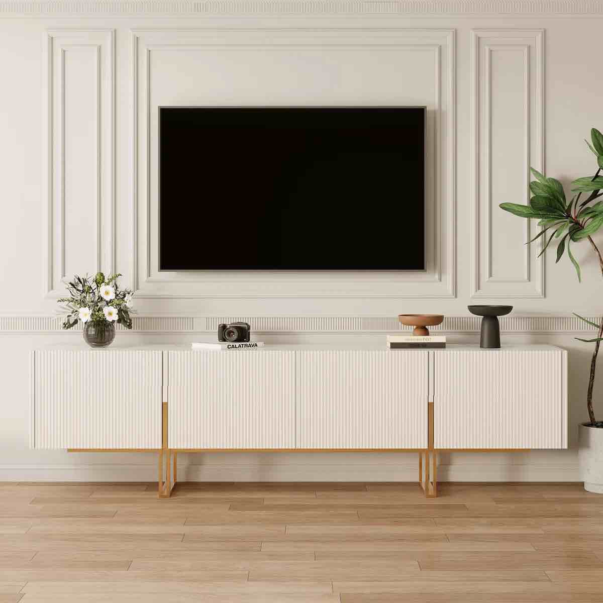 pierpoint modern luxury tv stand, entertainment center with faux marble top, tv console with gold stainless steel legs