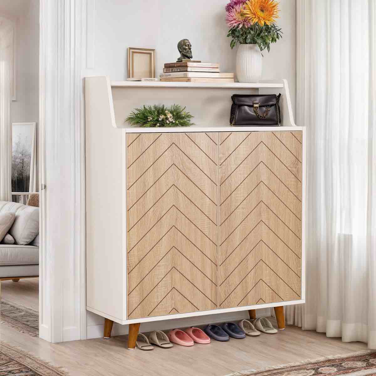 5-tier shoe storage cabinet with doors and open shelves