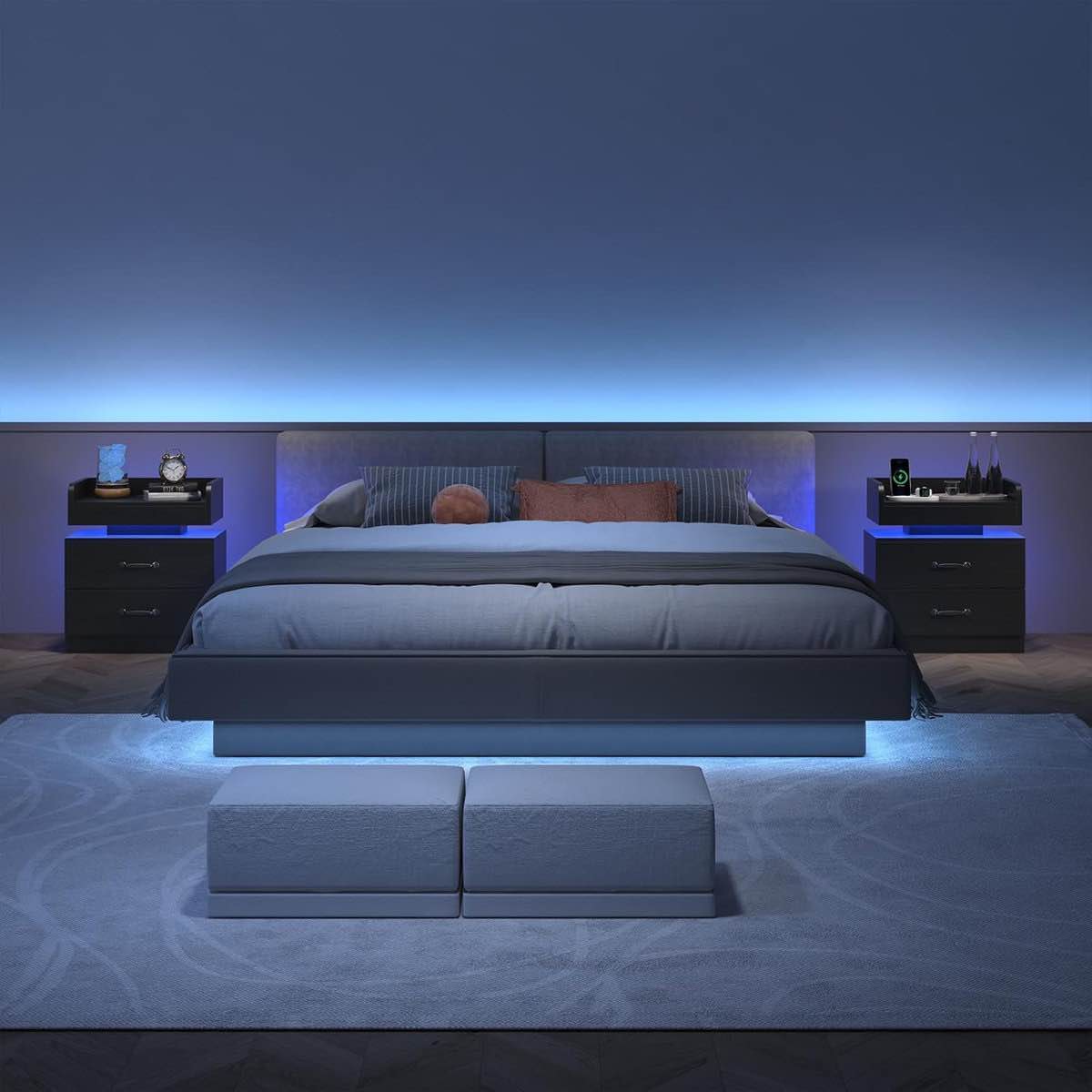 diamond tufted upholstered platform bed frame with matching led nightstands bedroom set