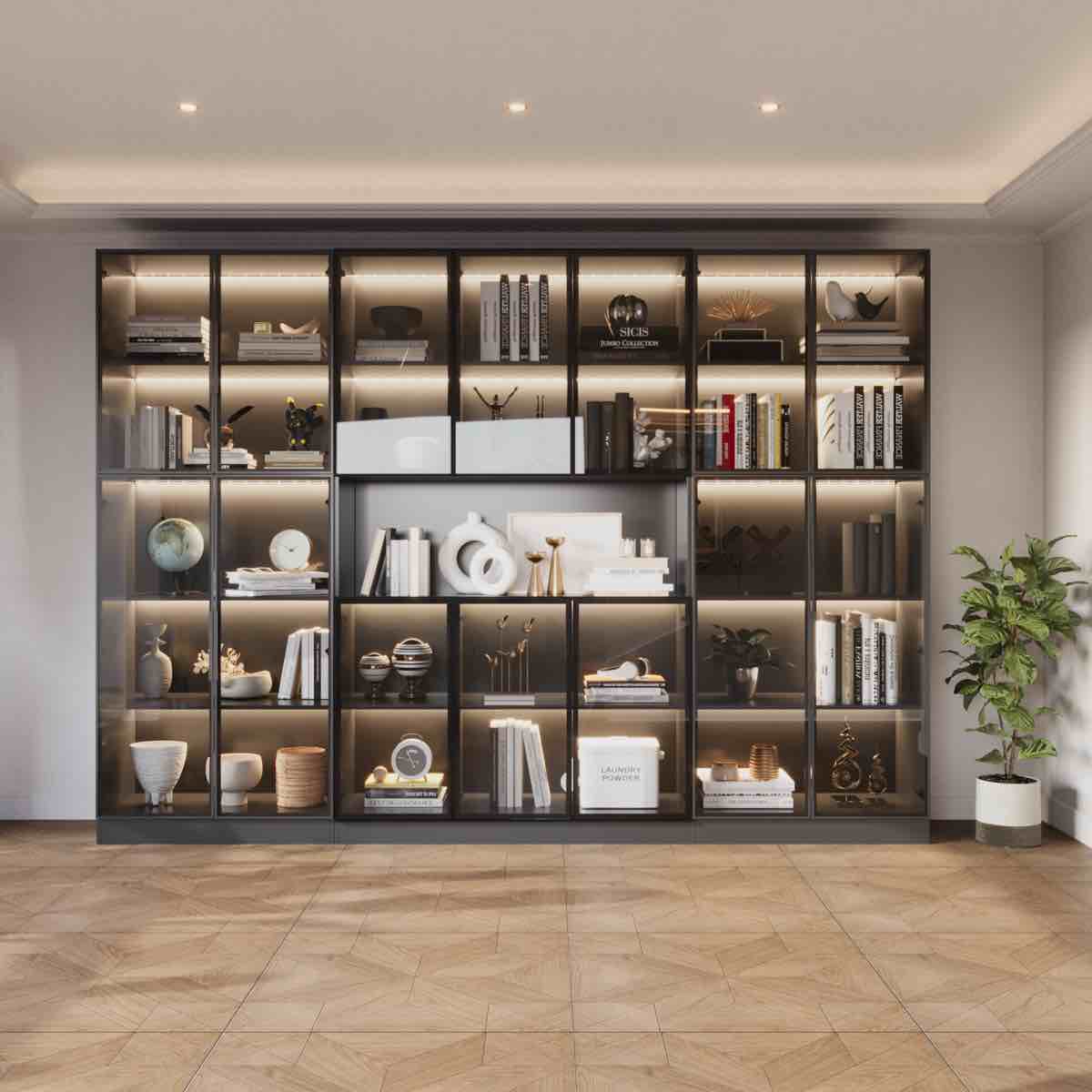 110 '' w black combination bookcase with glass doors and led lights, display cabin with 5-tier shelveset