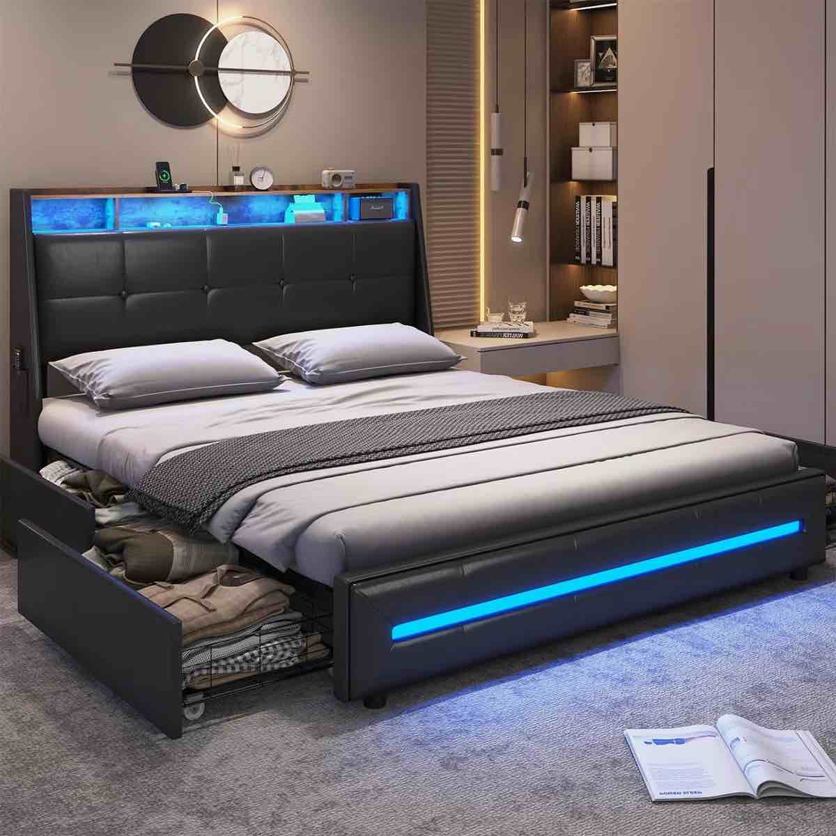 led upholstered platform bed frame with 4 storage drawers and storage headboard