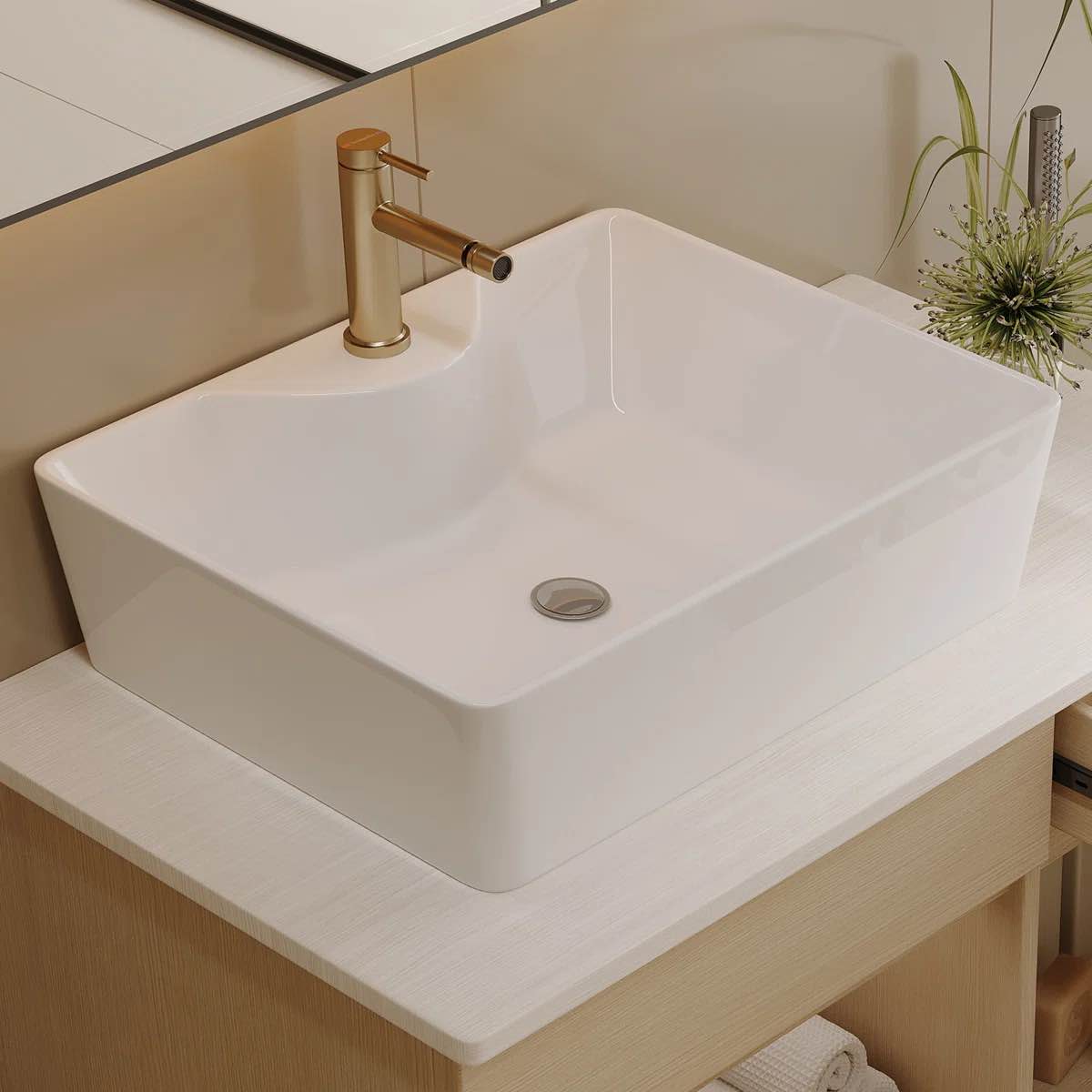 Condition photo showing Good Condition for 31.5" wall mounted modern wood grain floating bathroom vanity set by ebern designs