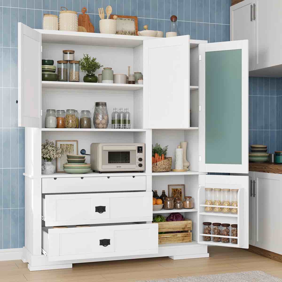 nelson large kitchen pantry cabinet with hutch, drawers, adjustable shelves by nfusion
