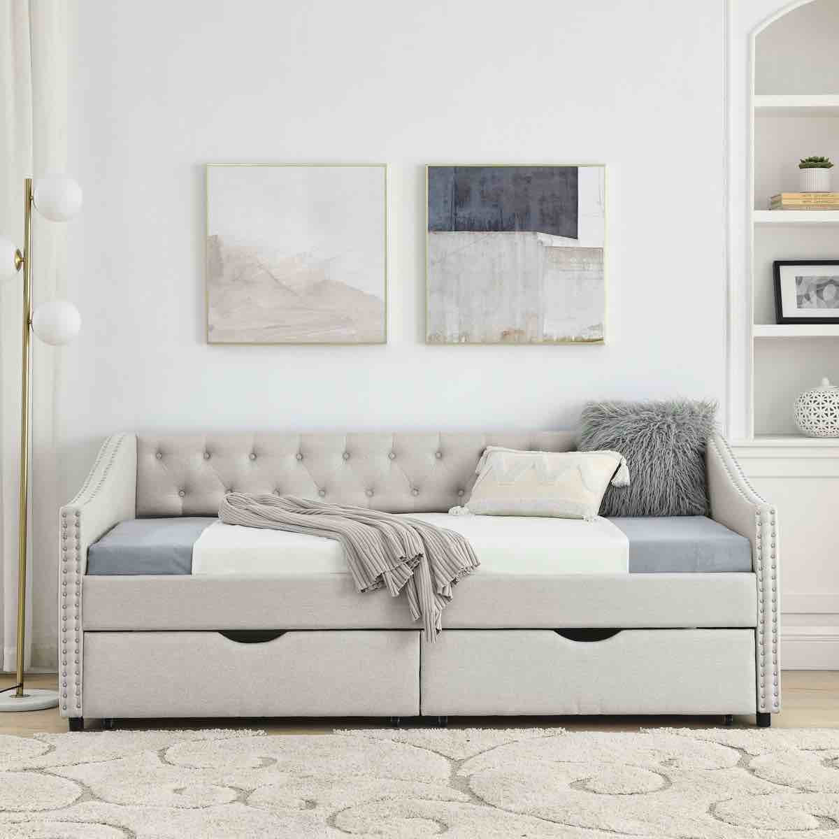 twin size daybed with drawers upholstered tufted sofa bed, with button on back and copper nail on waved shape arms, beige(81.5''x41''x30.5'') 