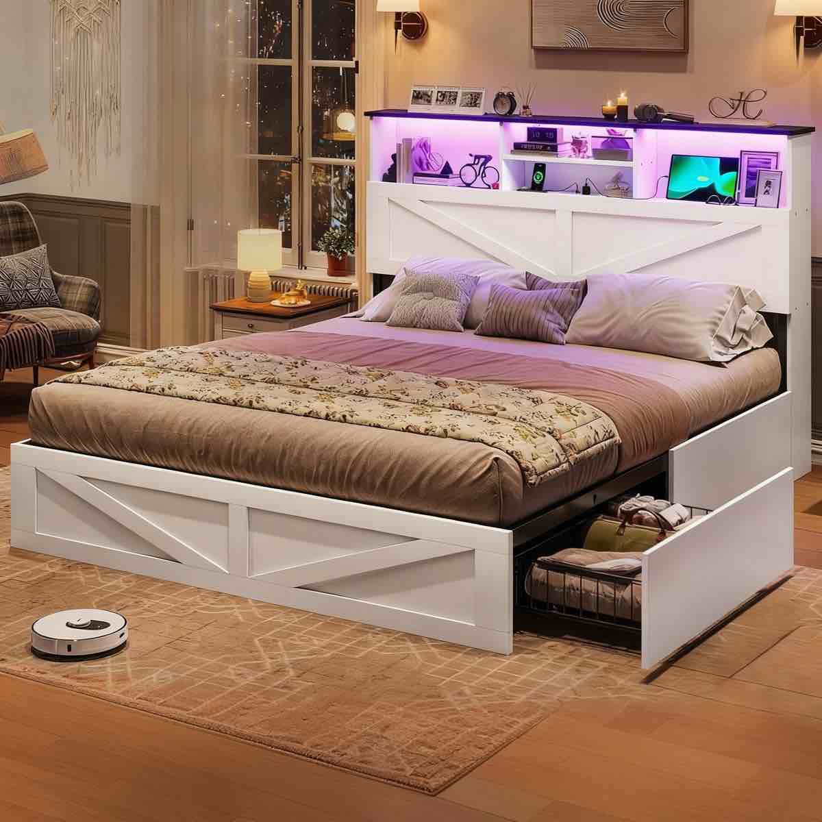Farmhouse Bed Frame with Bookcase Headboard & 4 Storage Drawers - Rustic Wooden Platform Bed with LED Lights , No Box Spring Needed
