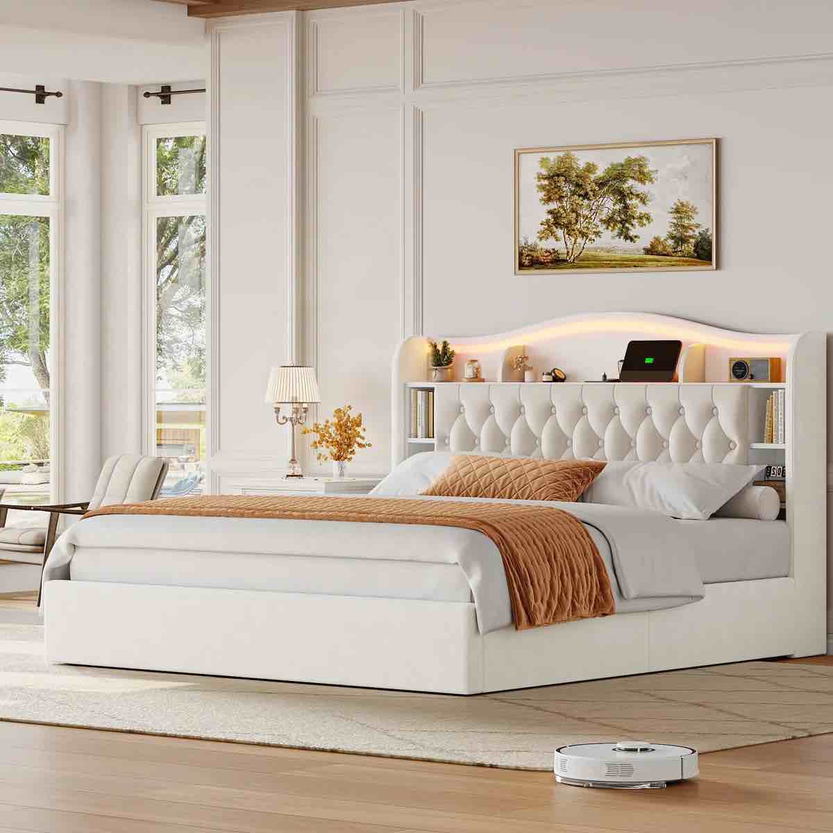 hydraulic lift up storage upholstered platform bed with led storage headboard, contemporary style