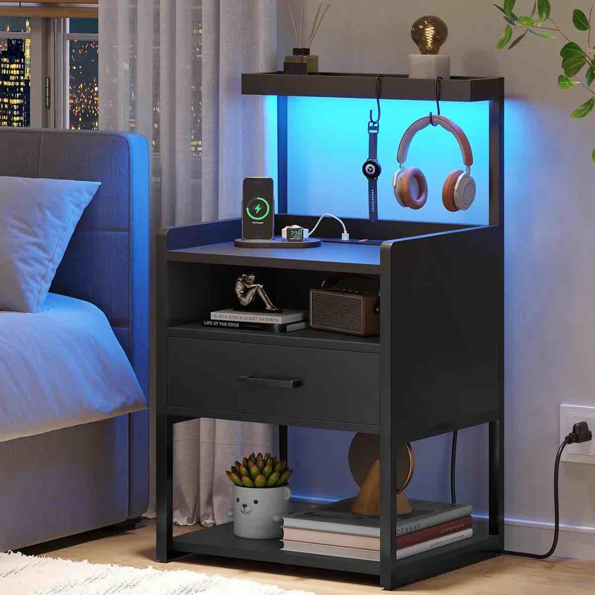 Nightstand with LED Lights & Drawer By Wrought Studio black