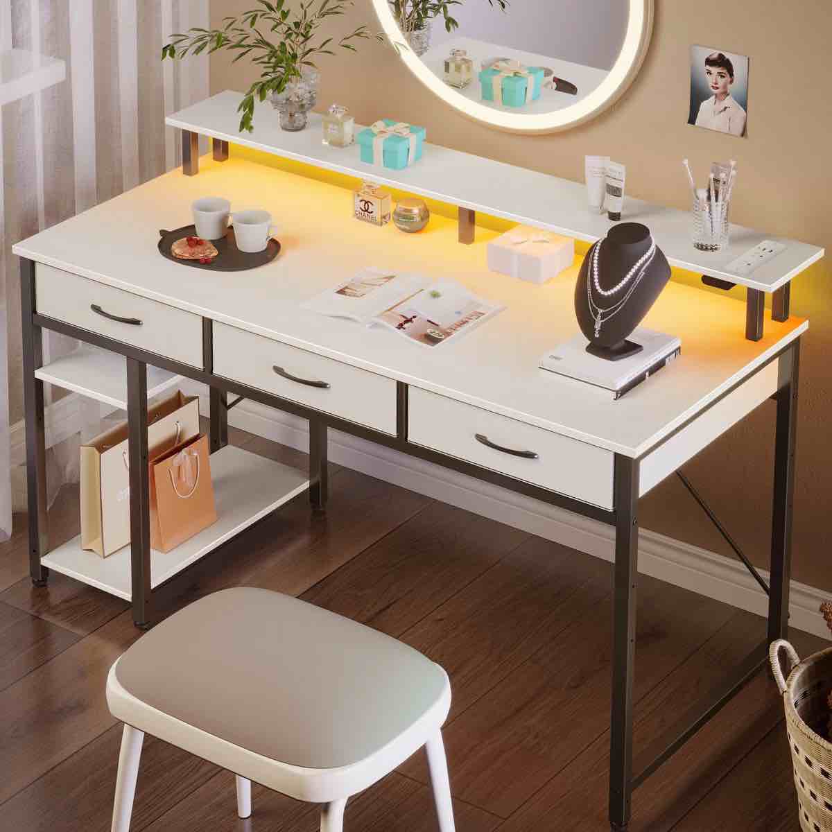 gaming desk with led lights & power outlets, computer desk with monitor stand & drawers by wrought studio