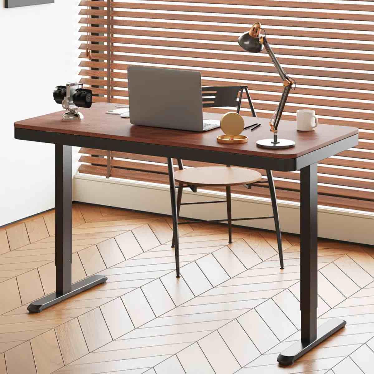 home office height adjustable standing desk with drawer size: 46.5" h x 55" w x 28" d, color (top/frame): rustic brown/black