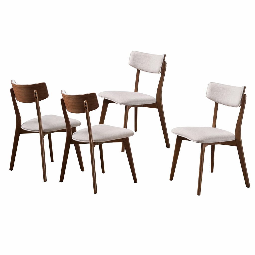 christopher knight home® - mid-century walnut frame dining chairs set of 4 in light beige fabric cushioned seats, retro modern comfort