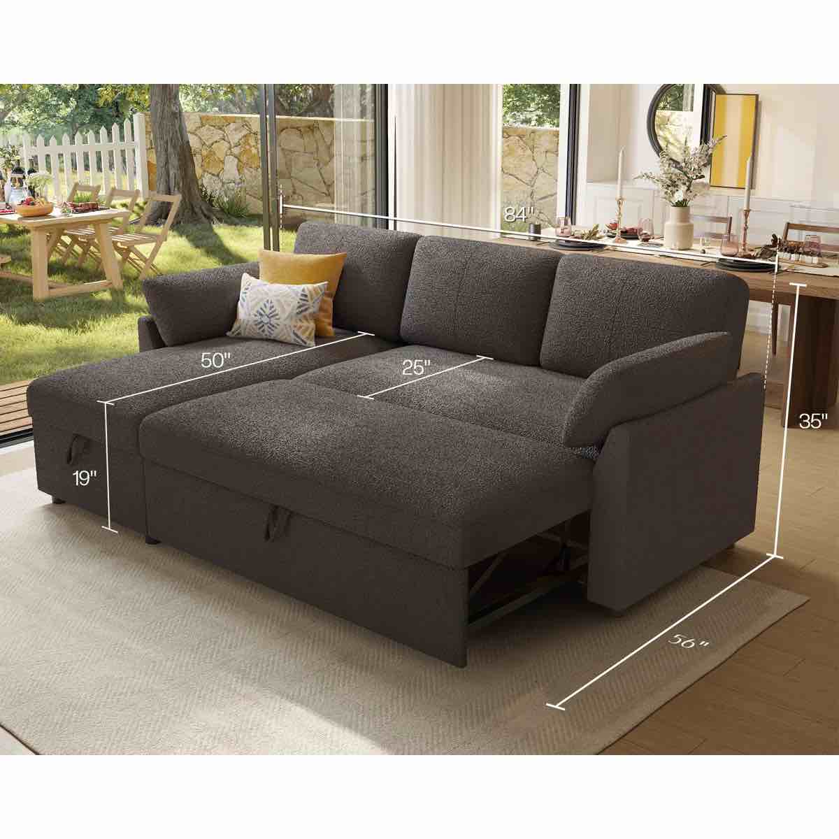 Condition photo showing As Is for sleeper sectional sofa with pull-out bed and storage chaise, bouclé upholstery – modern cozy fabric for living room