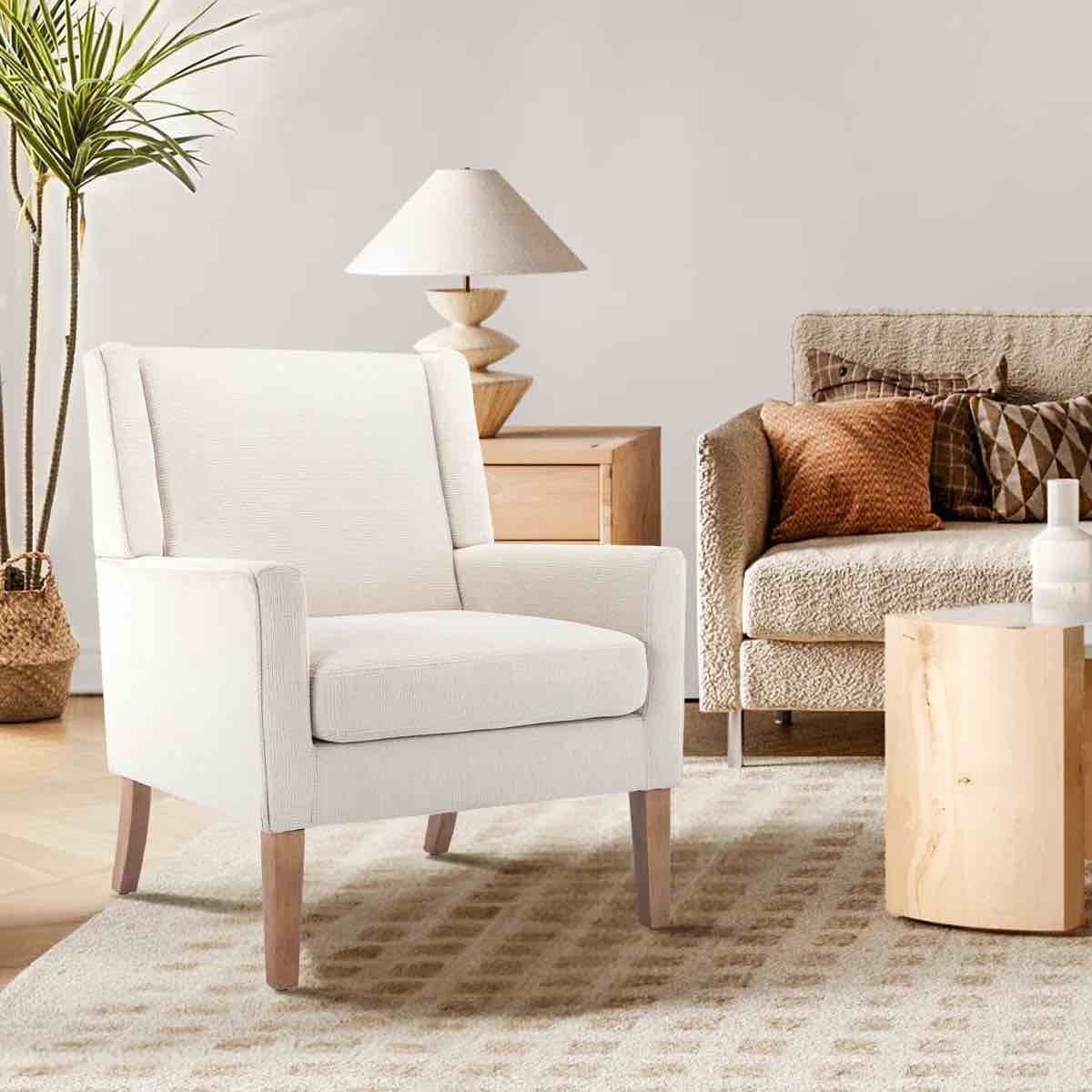 ayran wing back upholstered accent armchair with solid wood leg beige
