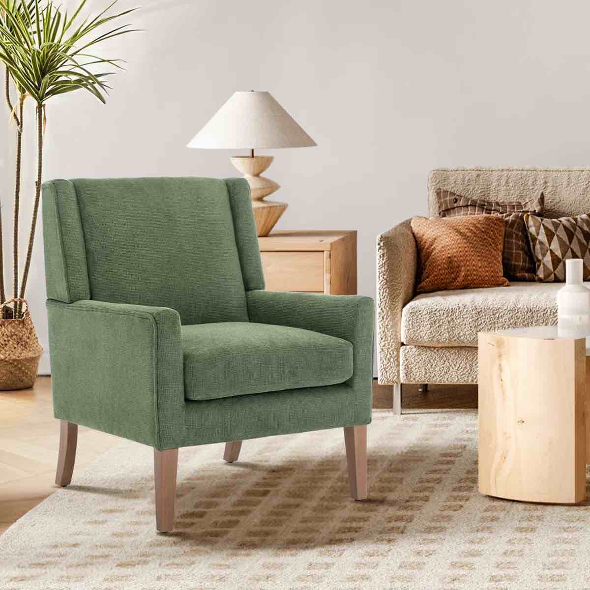 ayran wing back upholstered accent armchair with solid wood leg green