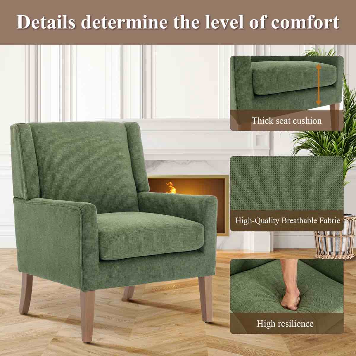 Condition photo showing New/Like New for ayran wing back upholstered accent armchair with solid wood leg green