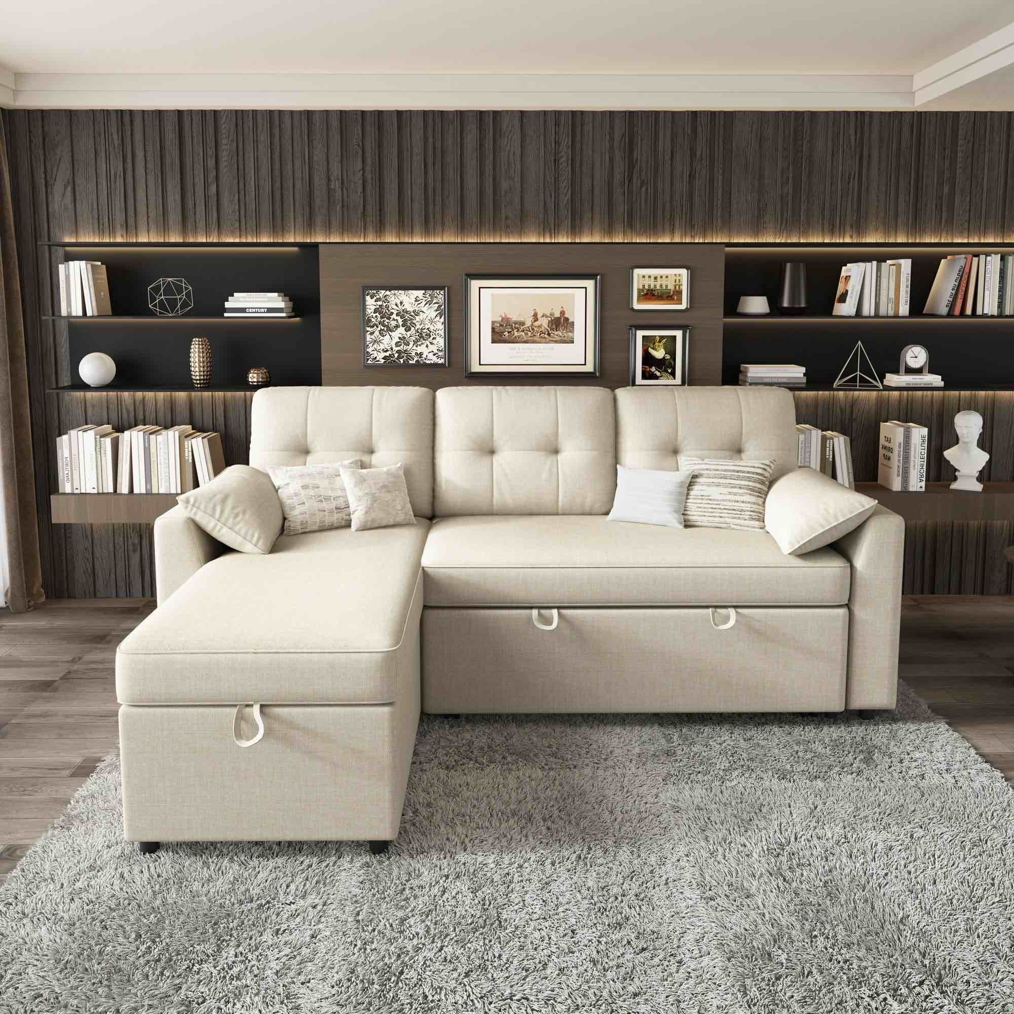 VANACC Sectional Sofa Bed with Storage and Soft Seat ,Reversible Pull Out Couch for Living Room,Beig