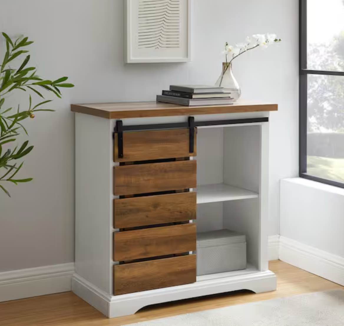 Alba 32" Two-Tone Sliding Slat Door Accent Cabinet - Solid White/Rustic Oak