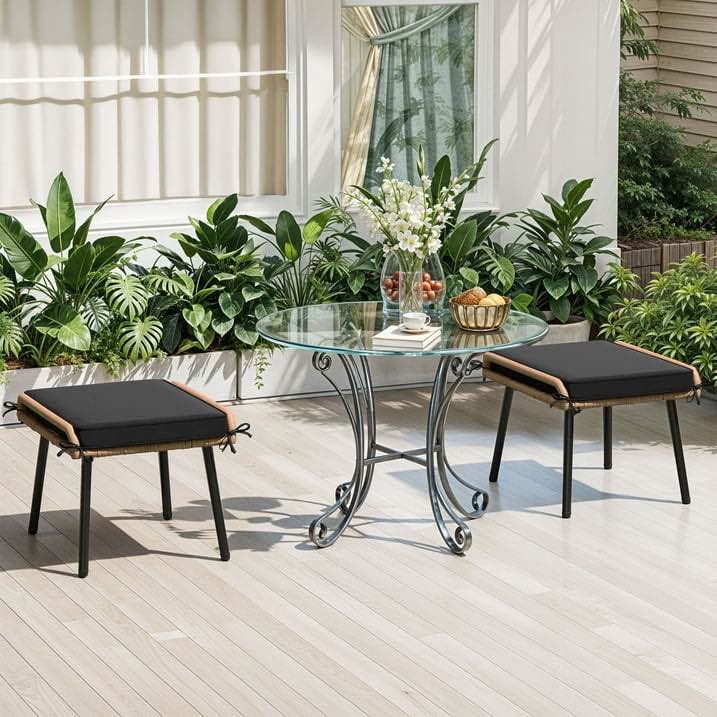 Uforic Outdoor PE Wicker Ottoman Set of 2 Patio Rattan Footrest Seat with Soft Cushions - Black