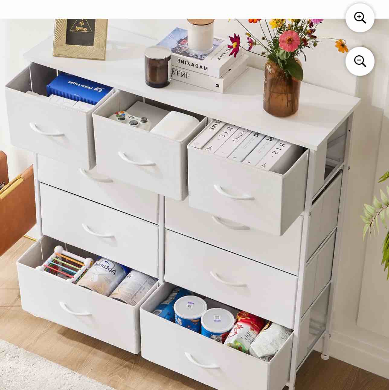 CONCETTA 9 Drawer Dresser for Bedroom, Tall Chest Organizer with Fabric Bins, Steel Frame, White