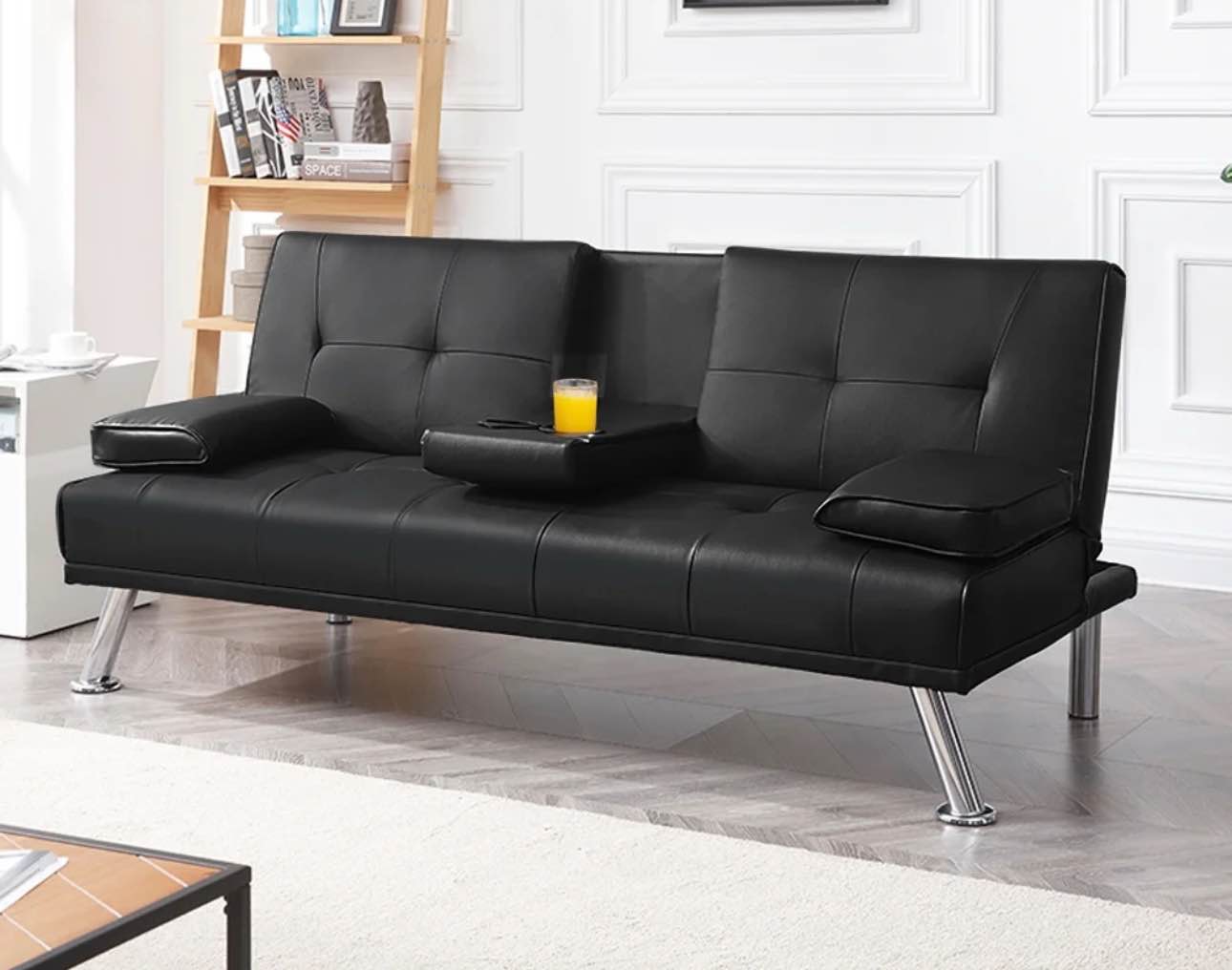 Renwick LuxuryGoods Modern Faux Leather Futon with Cupholders and Pillows, Black