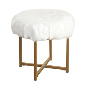 HomePop Round Faux Fur Stool with Metal Base, White