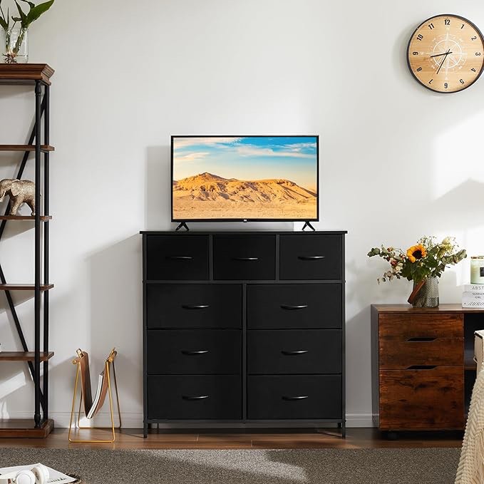 DUMOS TV Stand Dresser for Living Room Bedroom with 9 Fabric Drawer, Entertainment Center Chest Stor