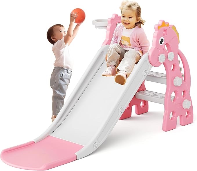 Glaf Toddler Slide for Age 1-3 Kids Baby Slide Indoor Playset Outdoor Playground Plastic Foldable Slides for Toddlers Backyard Climber Set with Stairs Basketball Hoop and Ball (Pink)
