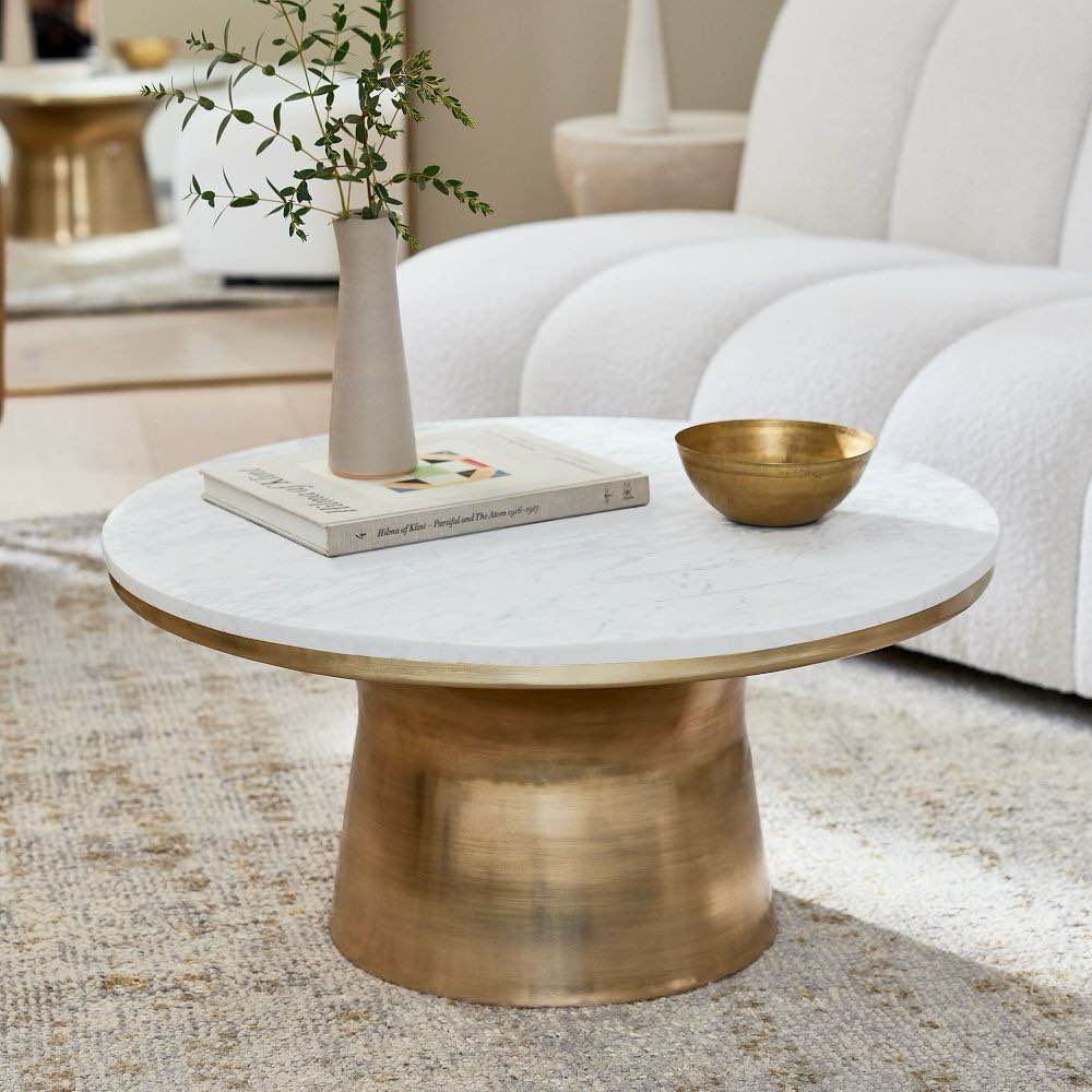landing 40-inch round faux white marble coffee table with brushed satin brass base (2 boxes)