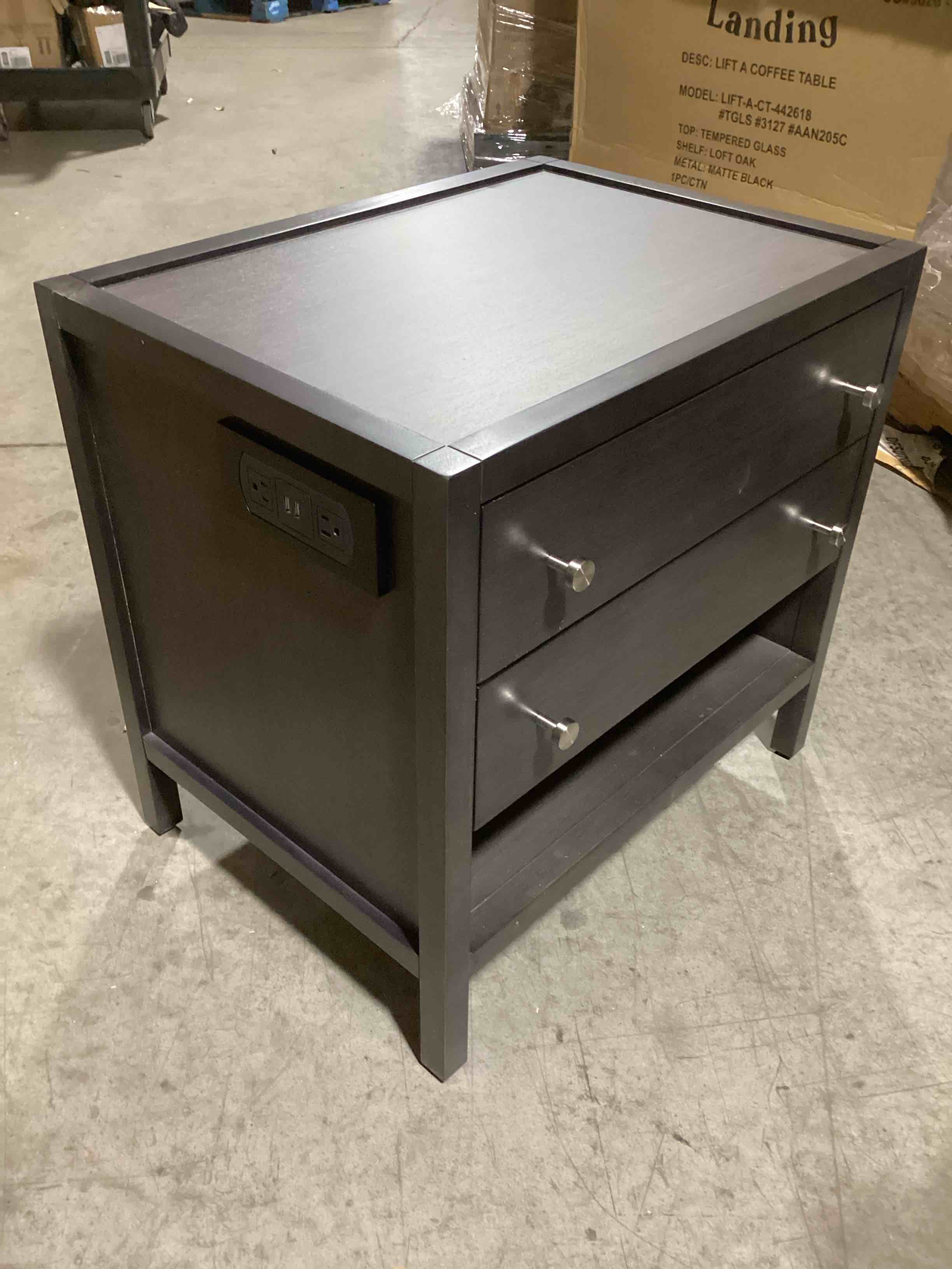 landing black riftwood 2-drawer night stand with left side charging station, 26in x 19in x 25in