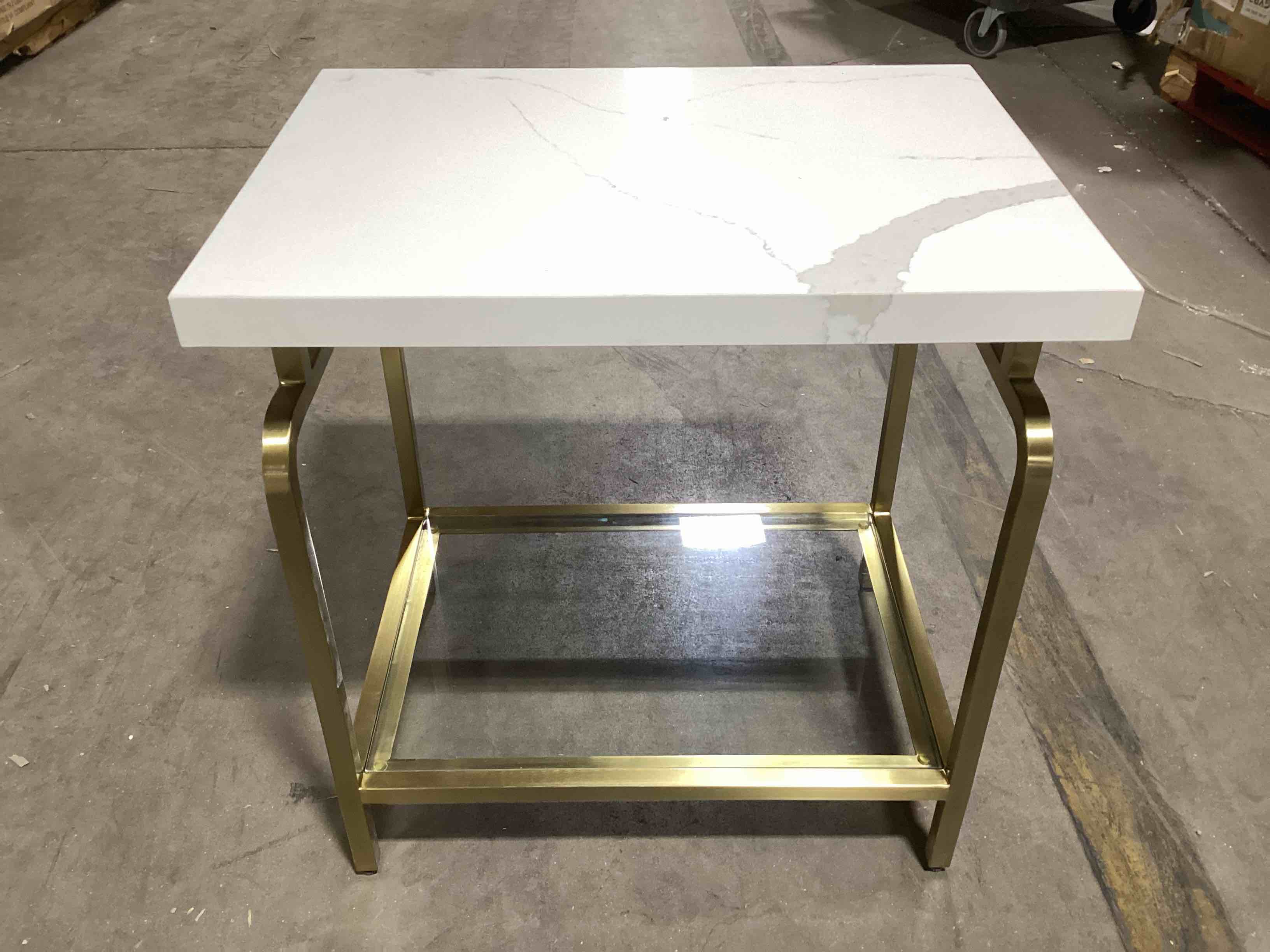 Landing Faux White Marble Side Table With Glass Shelf And Brushed Satin Brass Frame, 24in x 18in x 24in (3 Boxes)