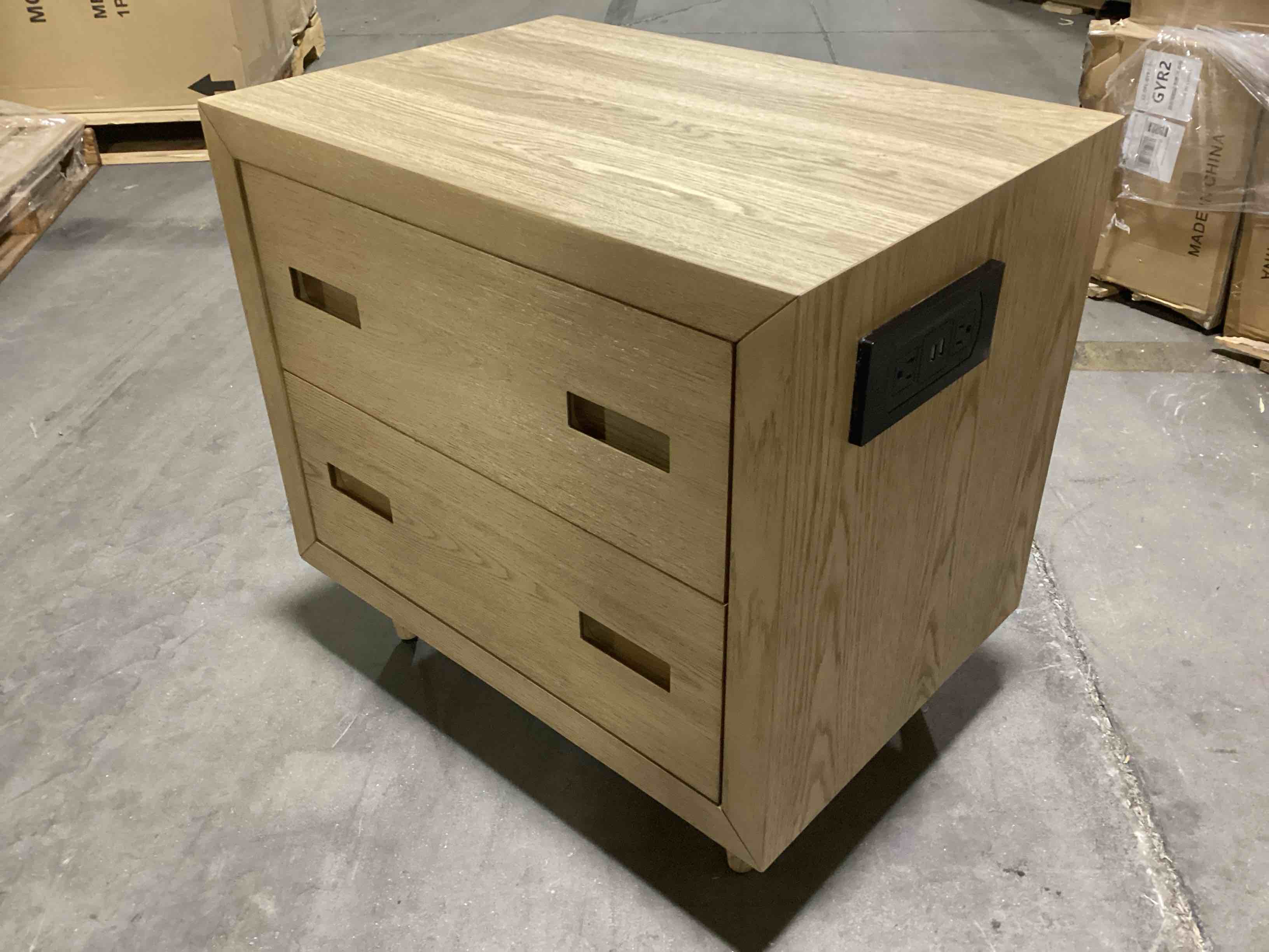 landing millennium oak 2-drawer night stand with charging station on right, 26in x 18in x 25in