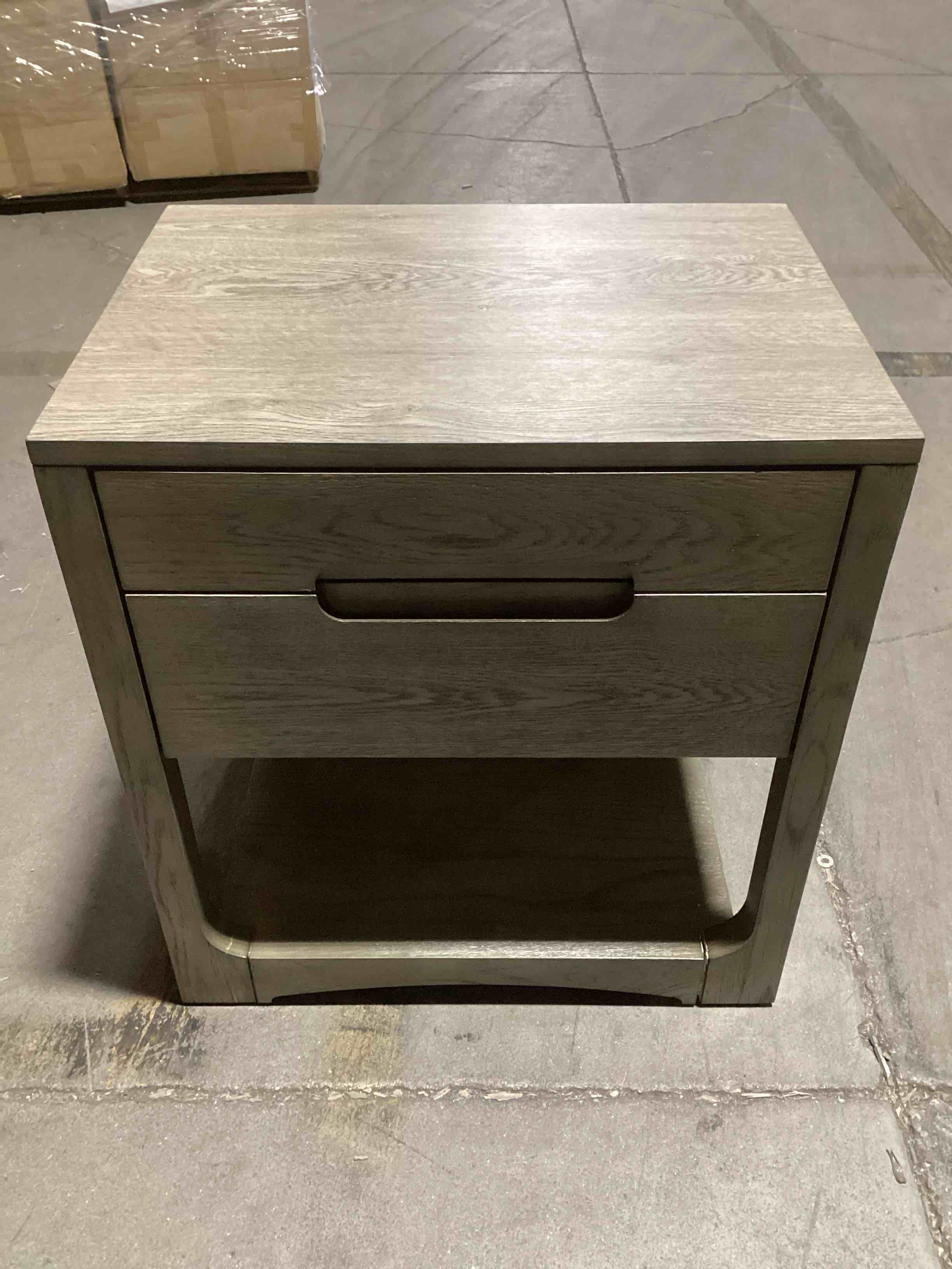 Condition photo showing Brand New for Landing Carter Oak 2-Drawer Night Stand With Right Side Charging Station, 24in x 18in x 26in
