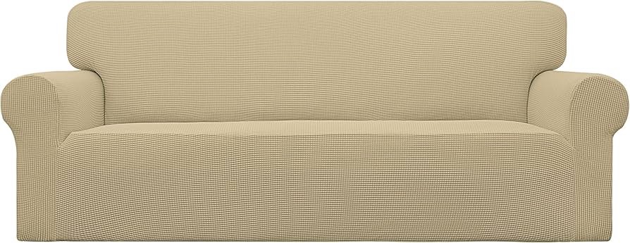 Easy-Going Stretch Sofa Slipcover 1-Piece Sofa Cover Furniture Protector Couch Soft with Elastic Bottom for Kids, Polyester Spandex Jacquard Fabric Small Checks (Sofa, Beige)