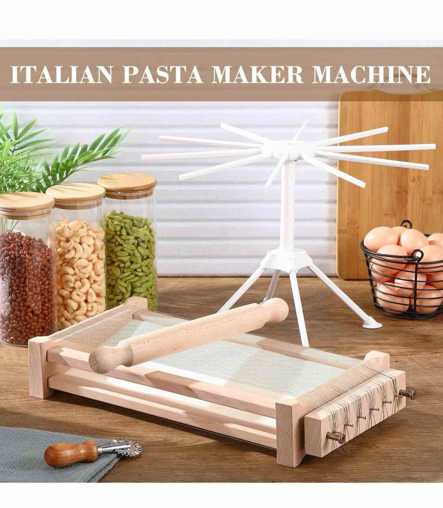 SiliFine 4 Pcs Pasta Maker Tool Set Include Chitarra Cutter Italian Pasta Guitar with Rolling Pin, Noodle Drying Rack, Ravioli Maker Cutter Making Tool for Spaghetti, Lasagna