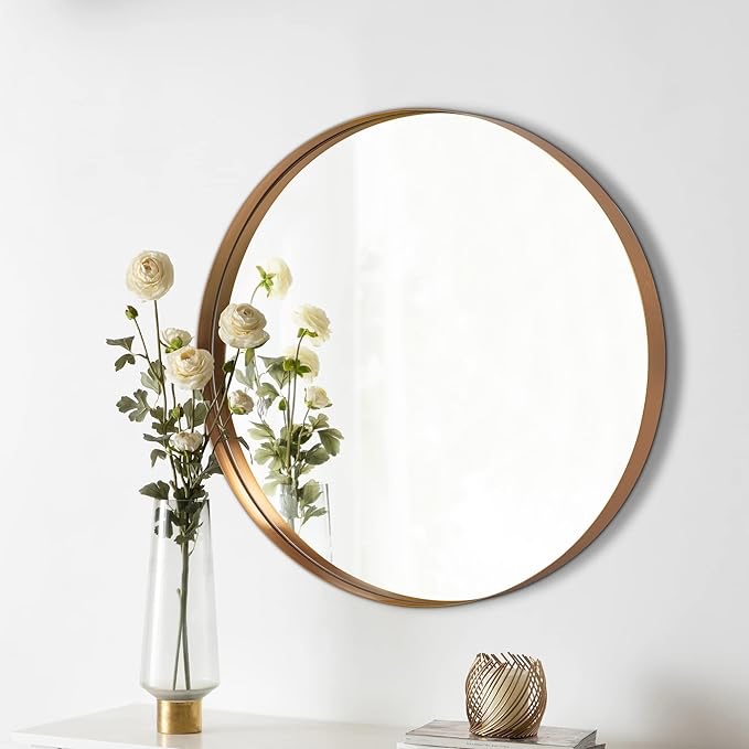Round Mirror Circle Mirror 24" Contemporary Metal Gold Framed Brushed Circle Wall Mirror for Wall Bathroom Bedroom Living Room