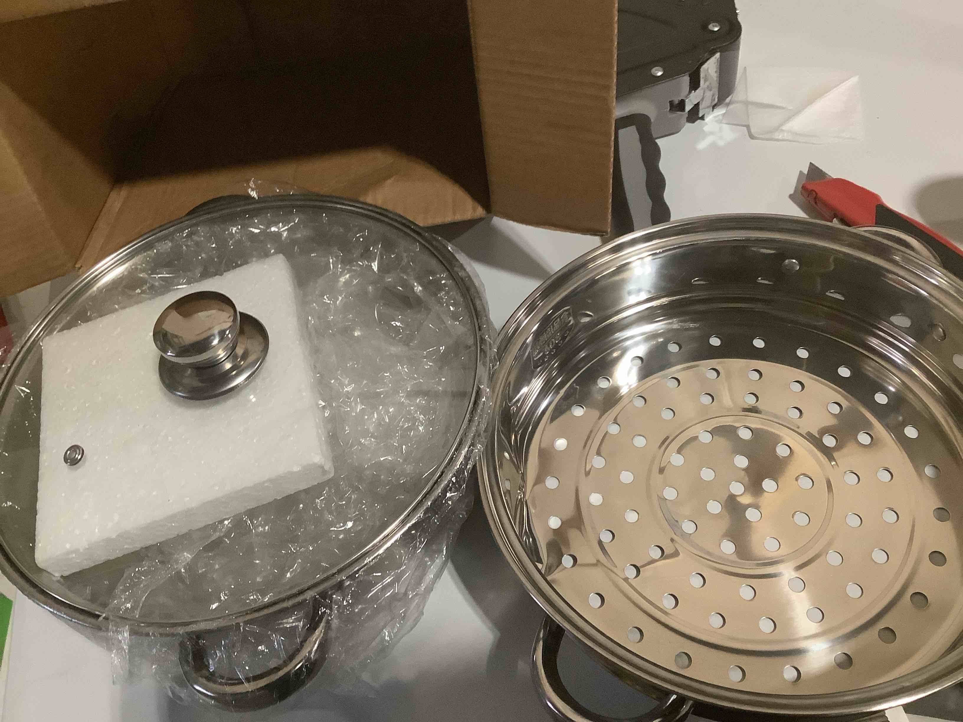 Condition photo showing Good Condition for Steamer Pot for Cooking 11 inch Stainless Steel, 3-tier Multipurpose 18/8 Stainless Steel Steam Pot Cookware with Lid for Vegetable, Dumpling, Stock, Sauce, Food 11 Inch - 3 Tiers Steamer Pot