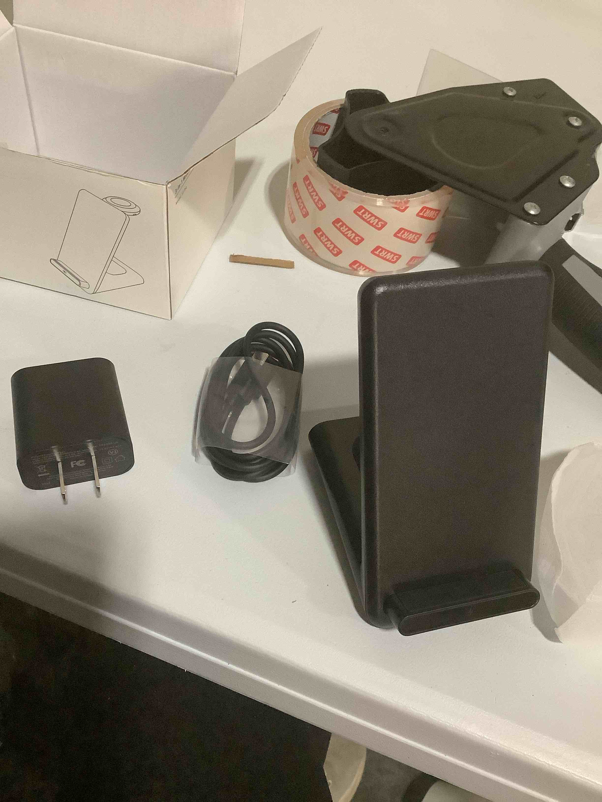 Condition photo showing Good Condition for Wireless Charging Station,3 in 1 Charging Stand Made for Apple Watch Ultra 11 10 9 8 7 6 SE 5 4 3,Fast Wireless Charger Made for iPhone 17/Air/16/15/14/13/12,for AirPods Pro(with Adapter) (Black)