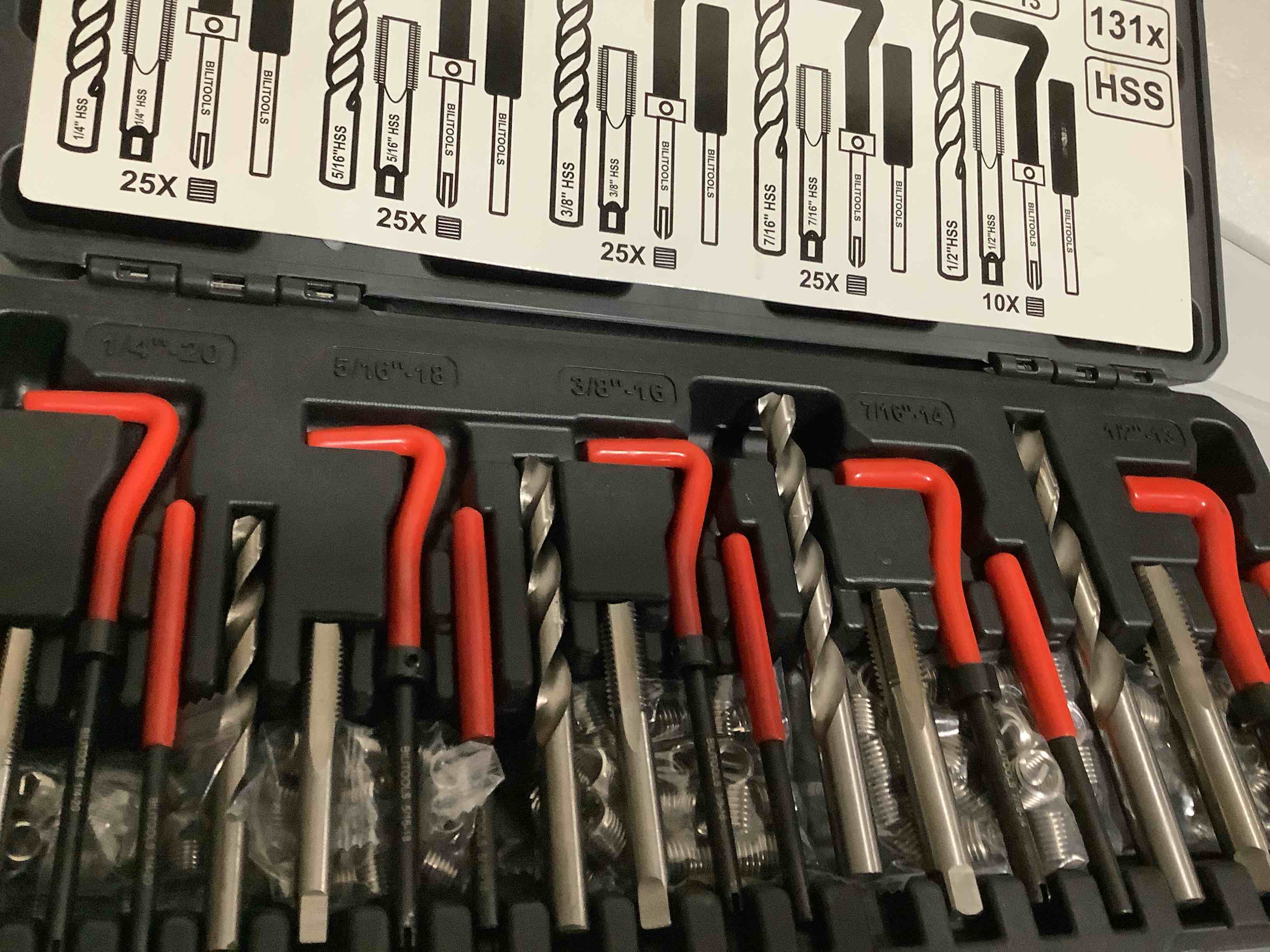 Condition photo showing As Is for BILITOOLS Helicoil Thread Repair Kit SAE, 131-Piece HSS Drill Heli Coil Repair Kits 1/4" 5/16" 3/8" 7/16" 1/2" SAE, 131 Piece 1/4 - 1/2 Inch