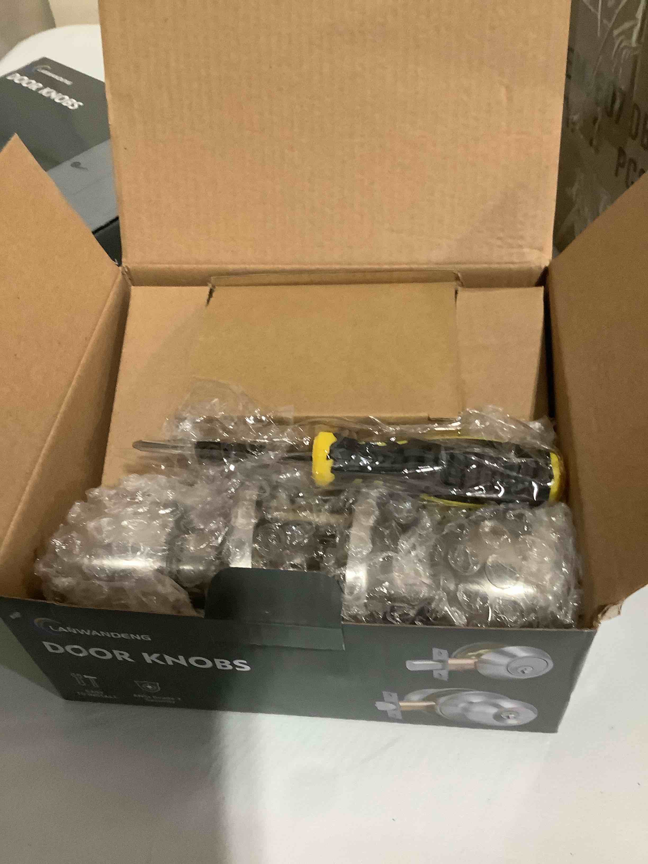 Condition photo showing Good Condition for 2 Sets All Keyed Same Entry Door Knob and Single Cylinder Deadbolt Combo Set, Round Ball Satin Nickel Exterior Door Knobs with Lock and Keys for Entrance and Front Door 2 Pack Keyed Deadbolt Lockset-Keyed Alike