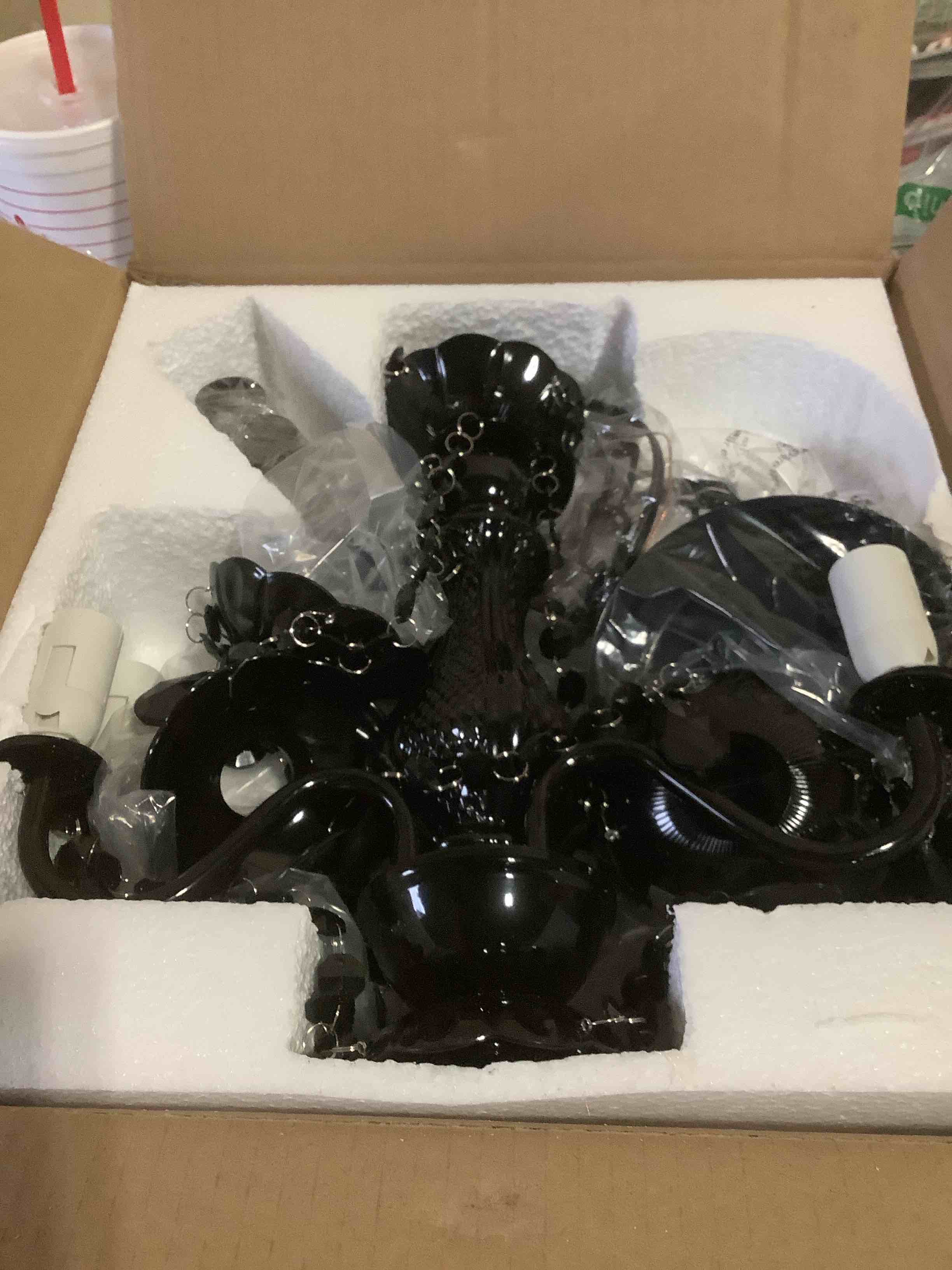 Condition photo showing Good Condition for LaLuLa Black Chandelier Small Crystal Chandelier Lighting Mini Acrylic Chandeliers 4 Light Modern Pendant Light Fixtures for Bedroom