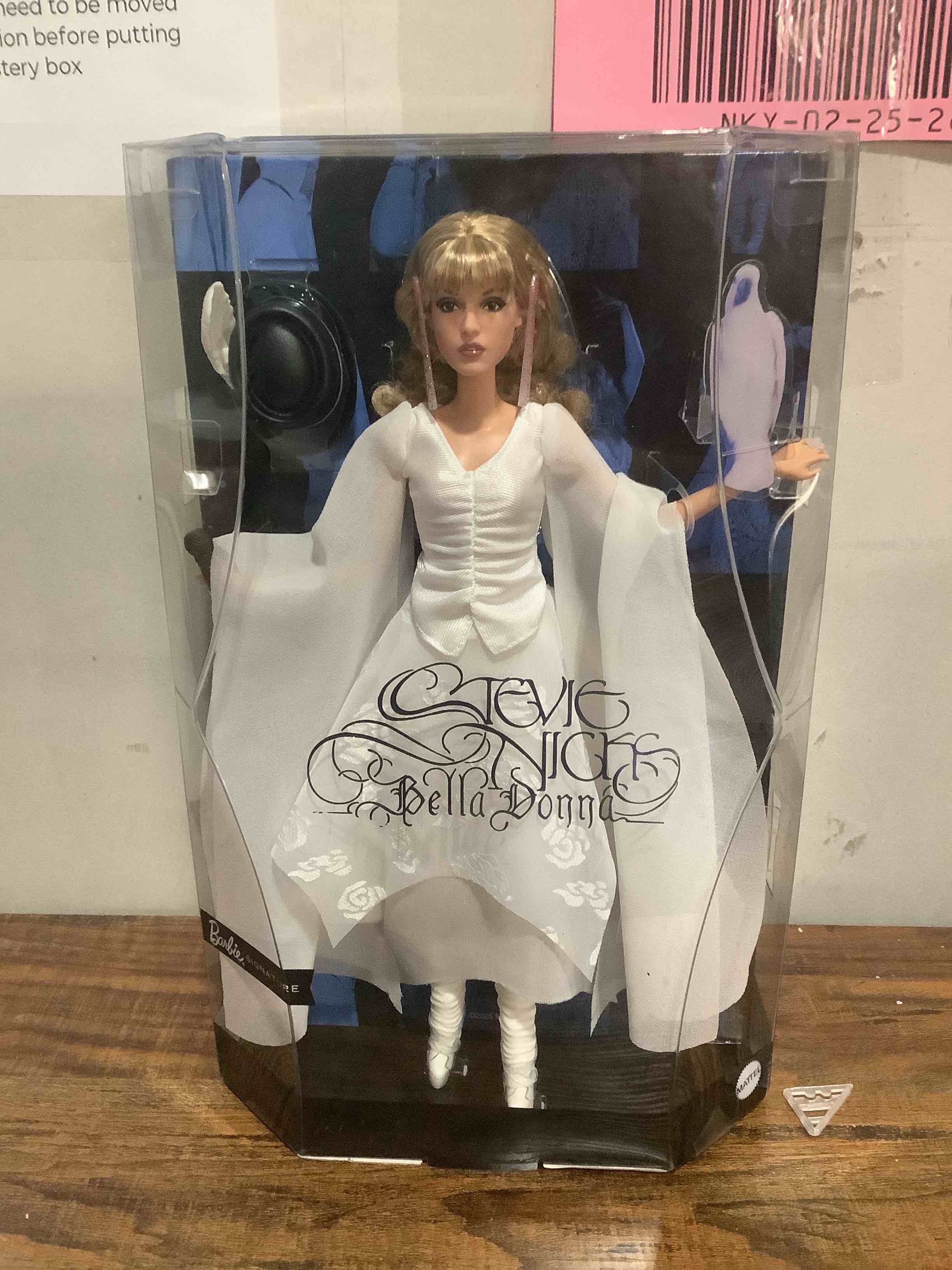 Condition photo showing Good Condition for Barbie Signature Doll, Stevie Nicks Bella Donna Collectible Wearing Flowing White Dress with Hat & Mic Accessories, Includes Doll Stand