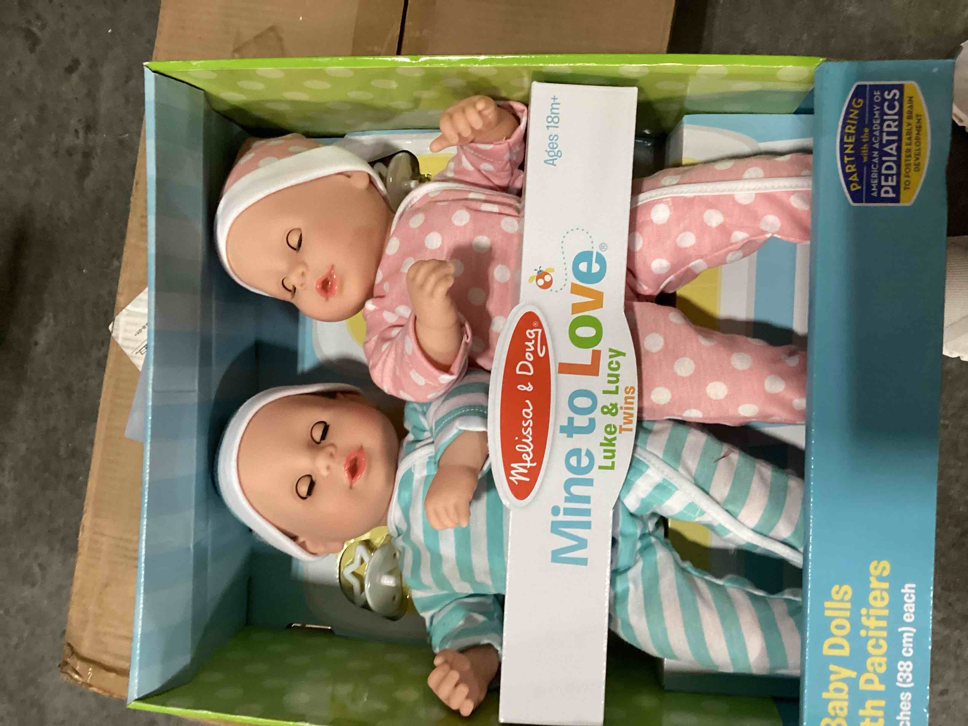 Condition photo showing New/Like New for Melissa & Doug Mine to Love Twins Luke & Lucy 15” Light Skin-Tone Boy and Girl Baby Dolls with Rompers, Caps, Pacifiers - Twin Baby Dolls, First Baby Dolls for Toddlers 18 Months and Up