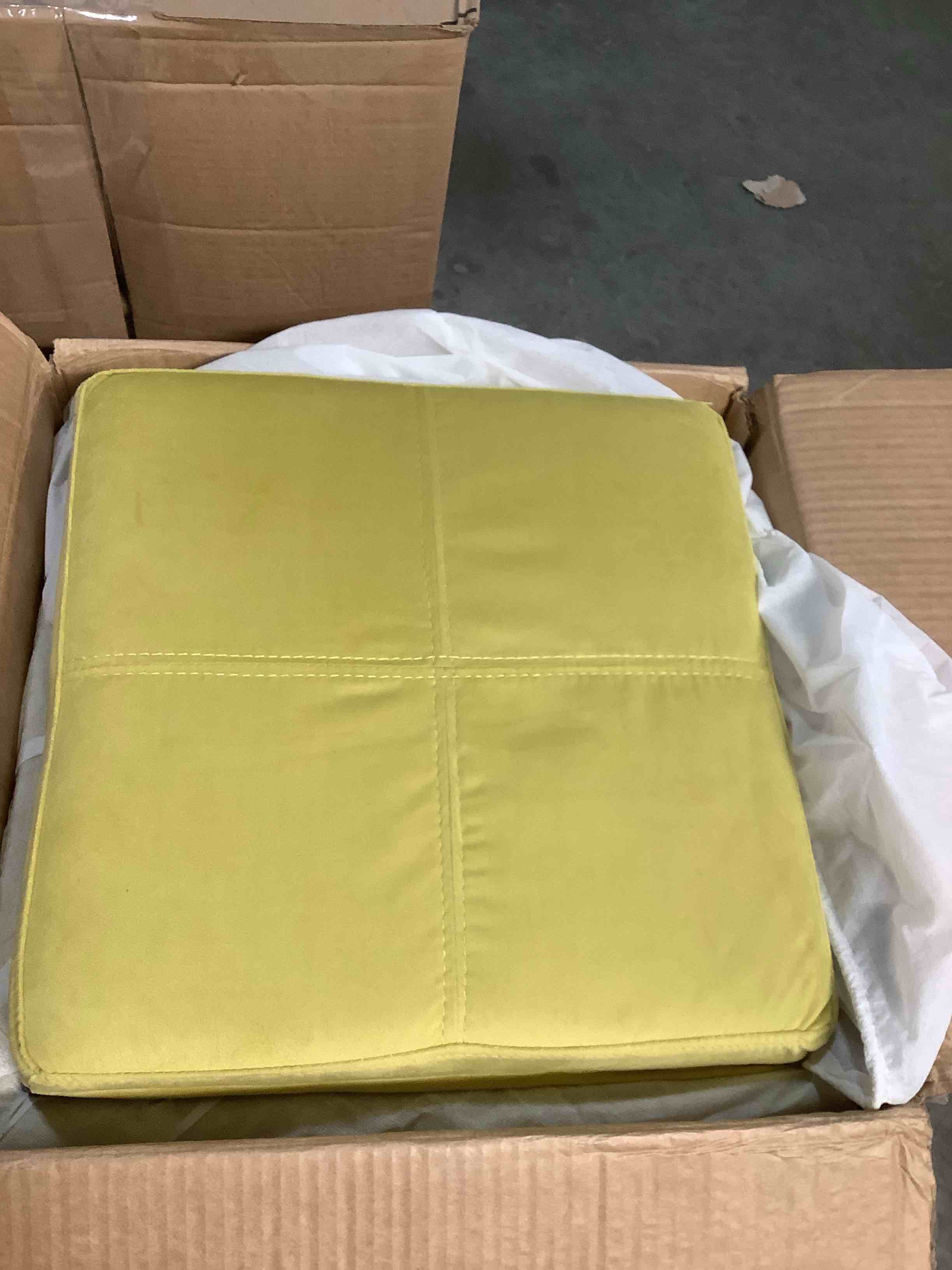 Condition photo showing Good Condition for SIMPLIHOME Rockwood Cube Storage Ottoman with Tray - 17 inch Wide Upholstered Velvet Fabric Square Storage Ottoman in Dijon Yellow, Contemporary Cube Ottoman for Living Room with Serving Tray