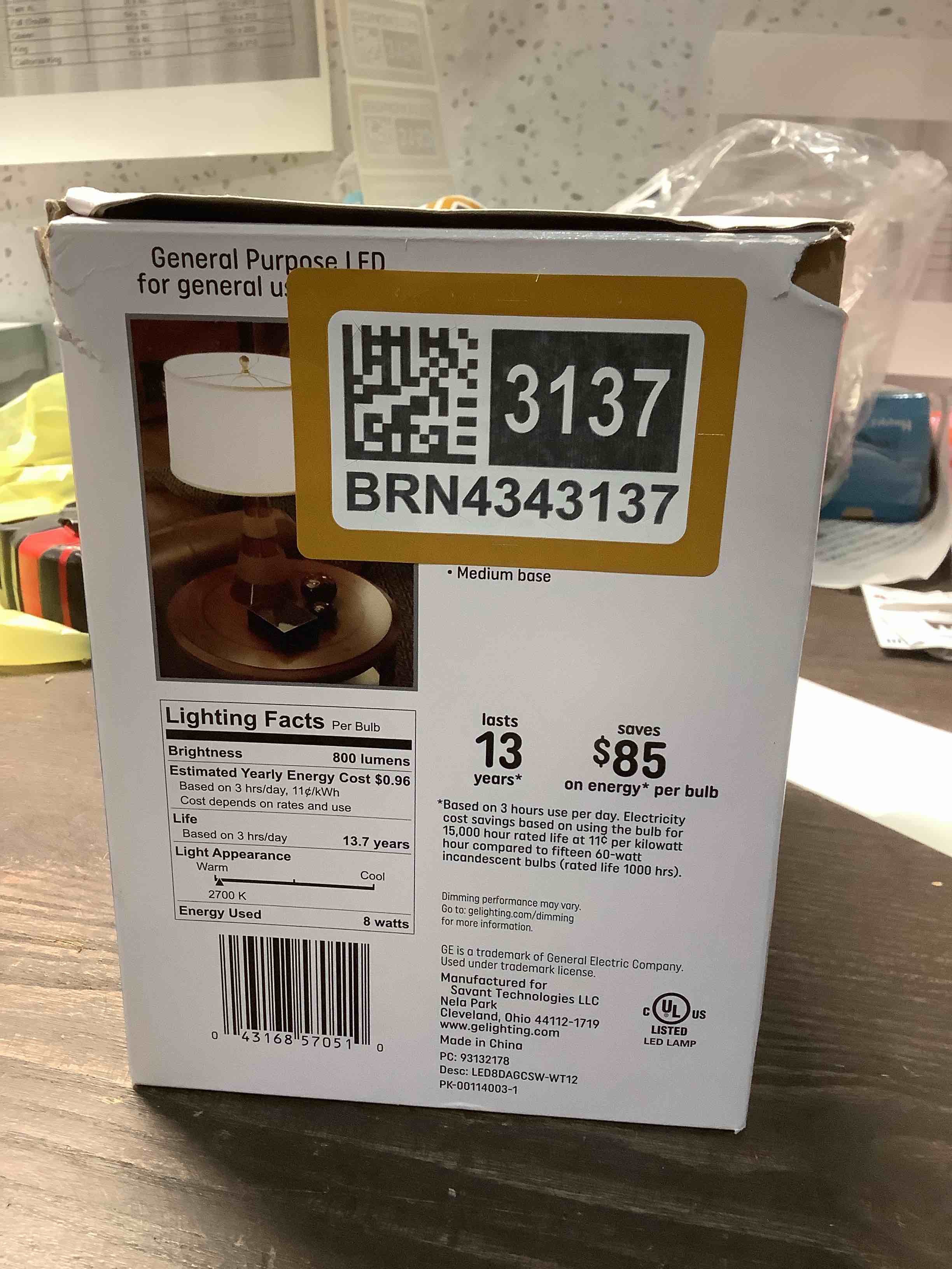 Condition photo showing New/Like New for GE LED 8W (60W Equivalent) Soft White General Purpose A19 Light Bulbs, Medium Base, Frosted, 13 Year Life, 12pk