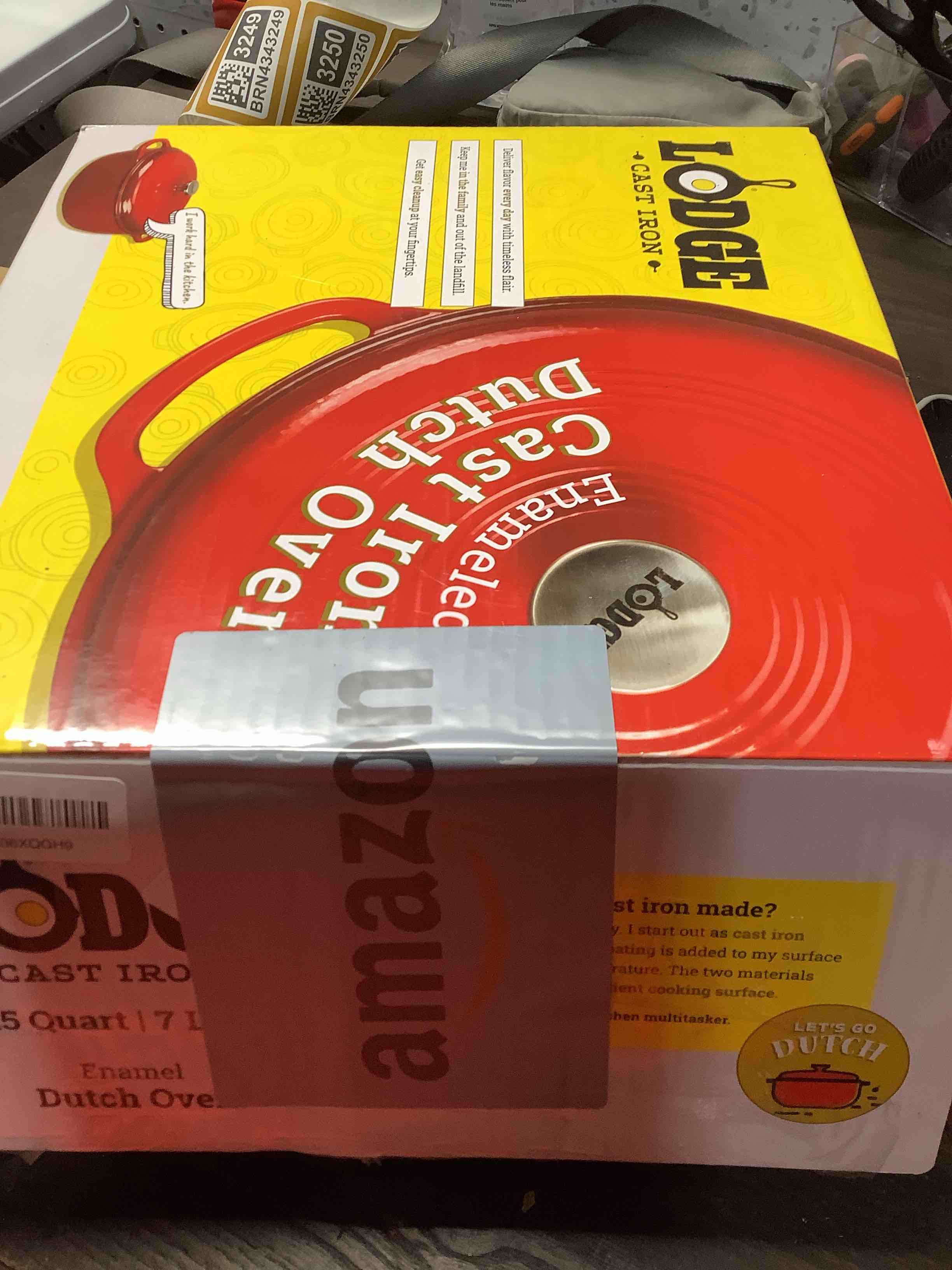 Condition photo showing Good Condition for Lodge 7.5 Quart Enameled Cast Iron Dutch Oven with Lid – Dual Handles – Oven Safe up to 500° F or on Stovetop - Use to Marinate, Cook, Bake, Refrigerate and Serve – Island Spice Red