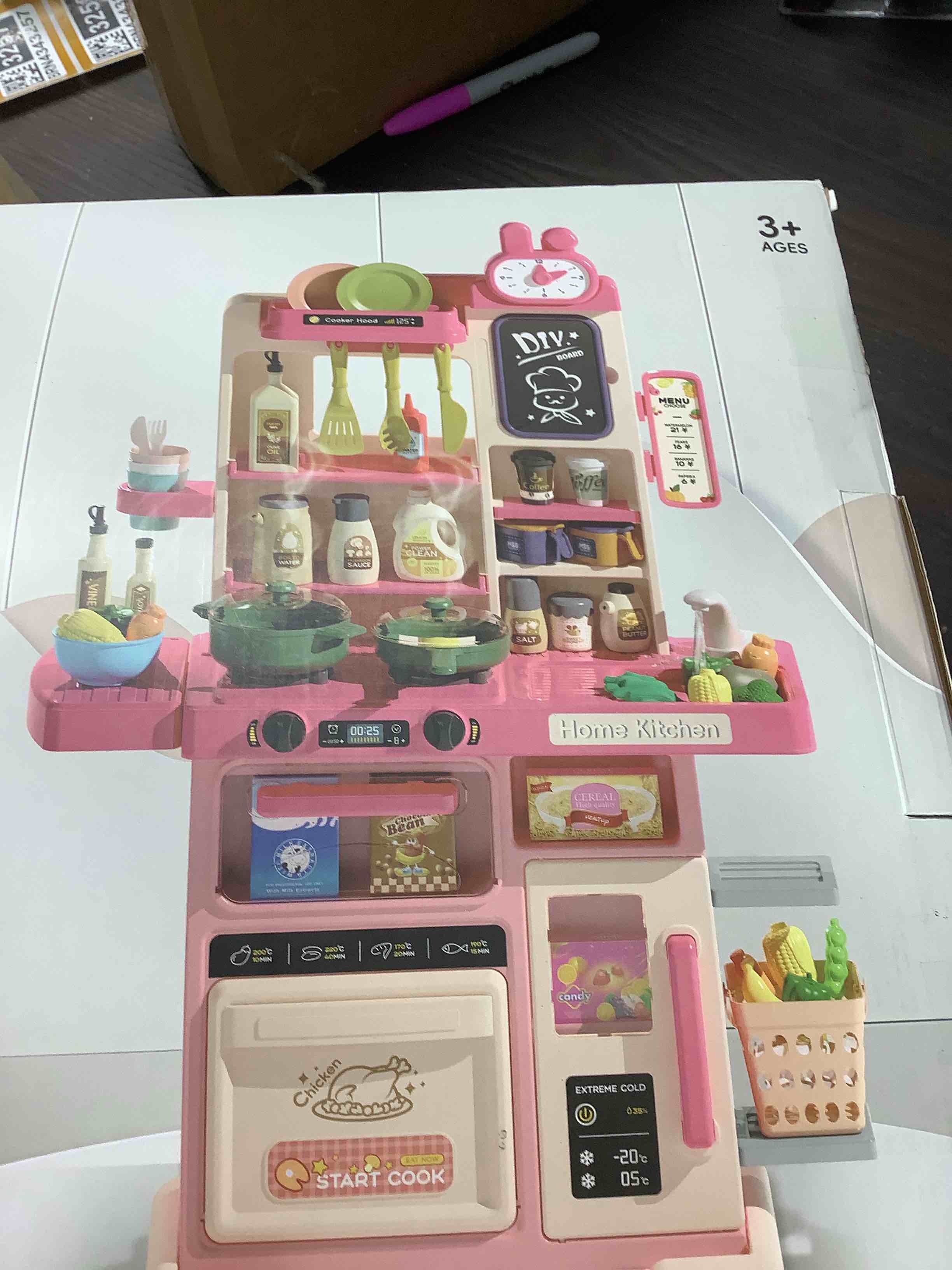 Condition photo showing Good Condition for 33.8IN - 70PCS Kids Kitchen Playset with Sound & Light - Cooking Stove with Steam, Play Sink and Toy Kitchen Accessories - Pretend Kitchen Play Food Toys for Kids Boys Girls - Toddler Play Kitchen Set Pink
