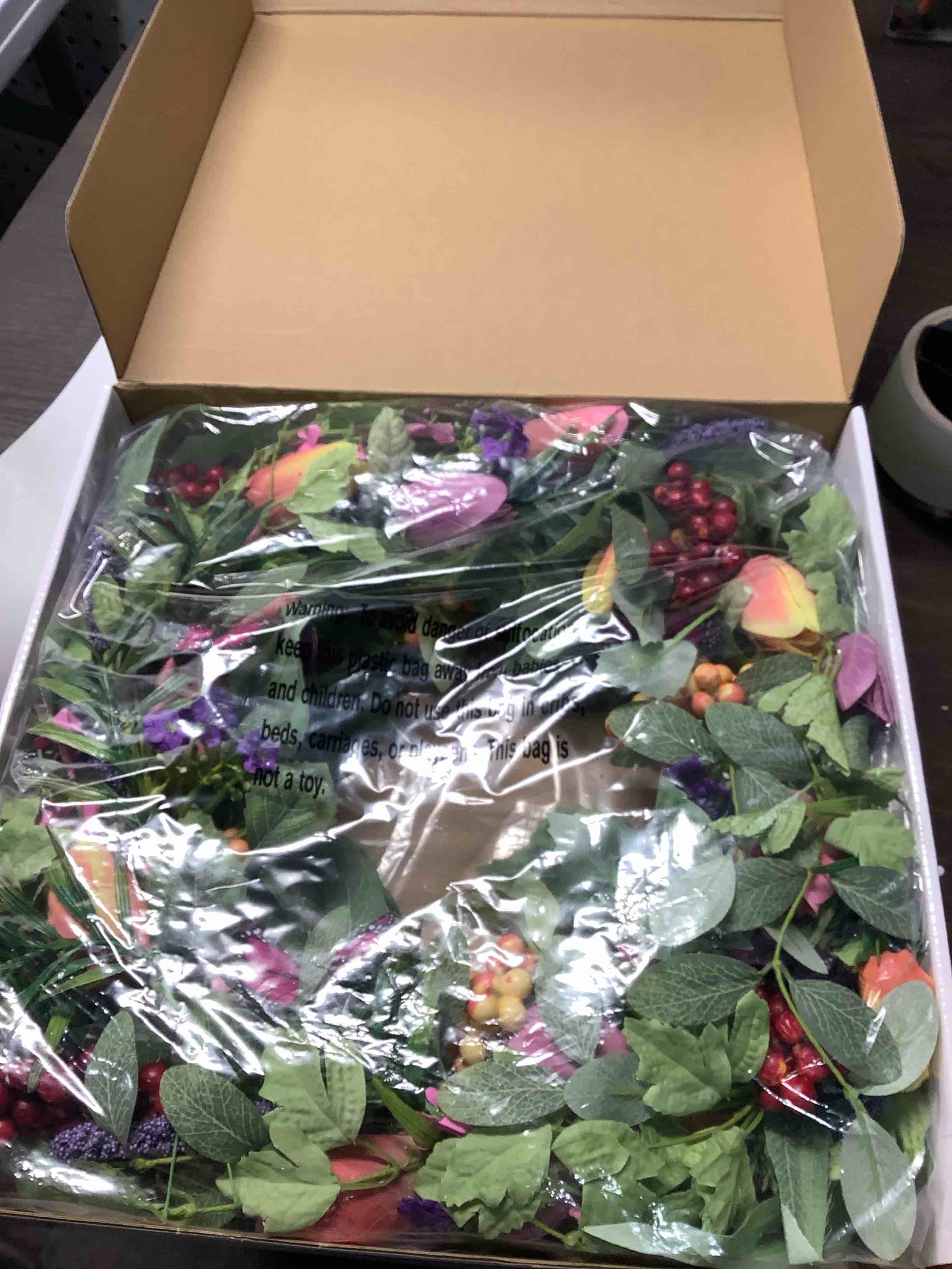 Condition photo showing Good Condition for 22 inch Spring Summer Wreath Tulip Wreath for Front Door with Purple Tassels, Eucalyptus Leaves, Ferns, Butterflies for Indoor Outdoor Wall Festival Home Farmhouse Wedding Decor Colorful Tulips