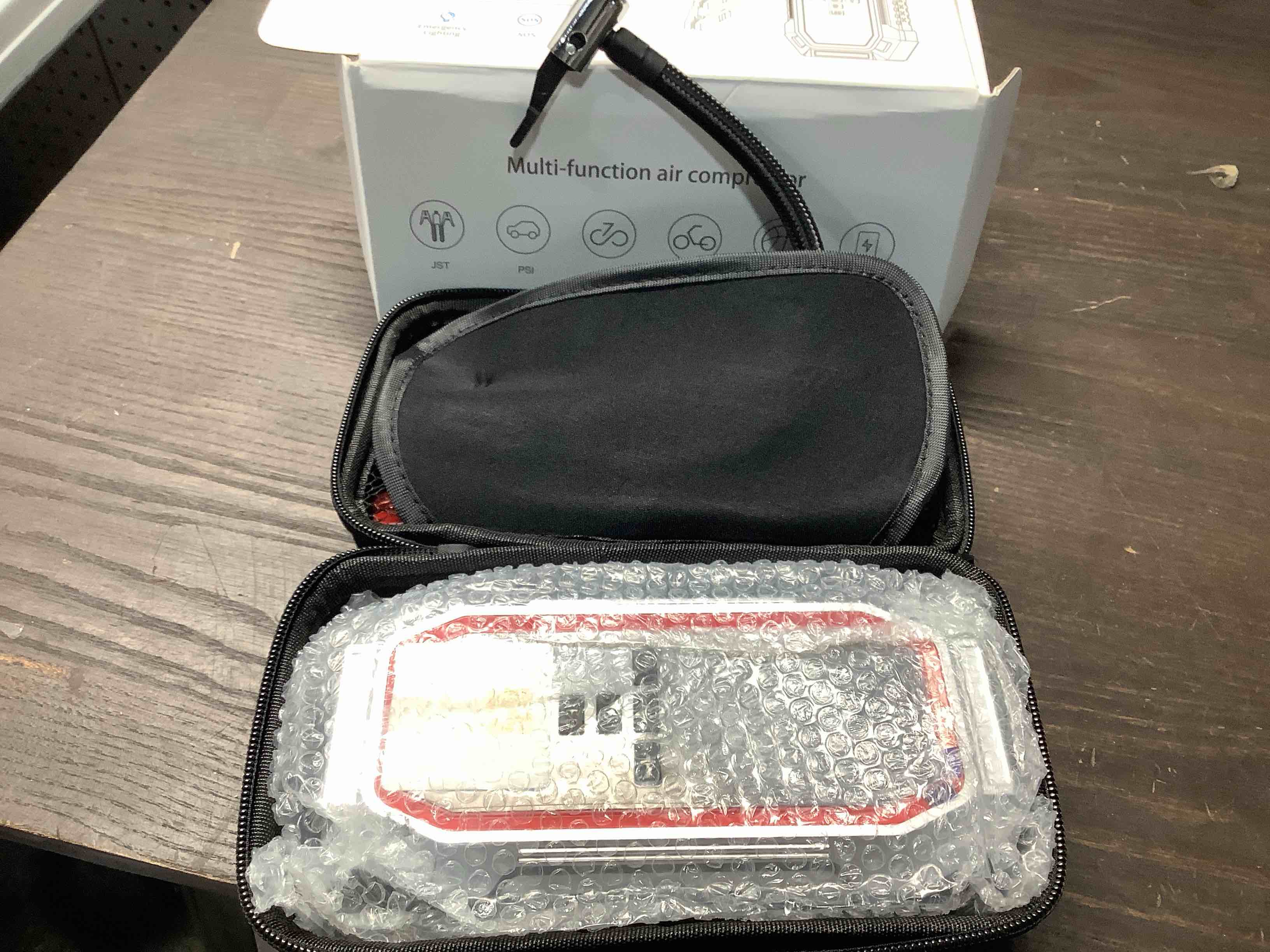 Condition photo showing Good Condition for Jump Starter with Air Compressor, 5000A Peak Car Battery Jump Starter(9.0 Gas/8.0L Diesel), 160PSI 12V Jump Box Car Battery Jumper Starter Portable with Smart Jumper Cables, LED Lights, LCD Display Red