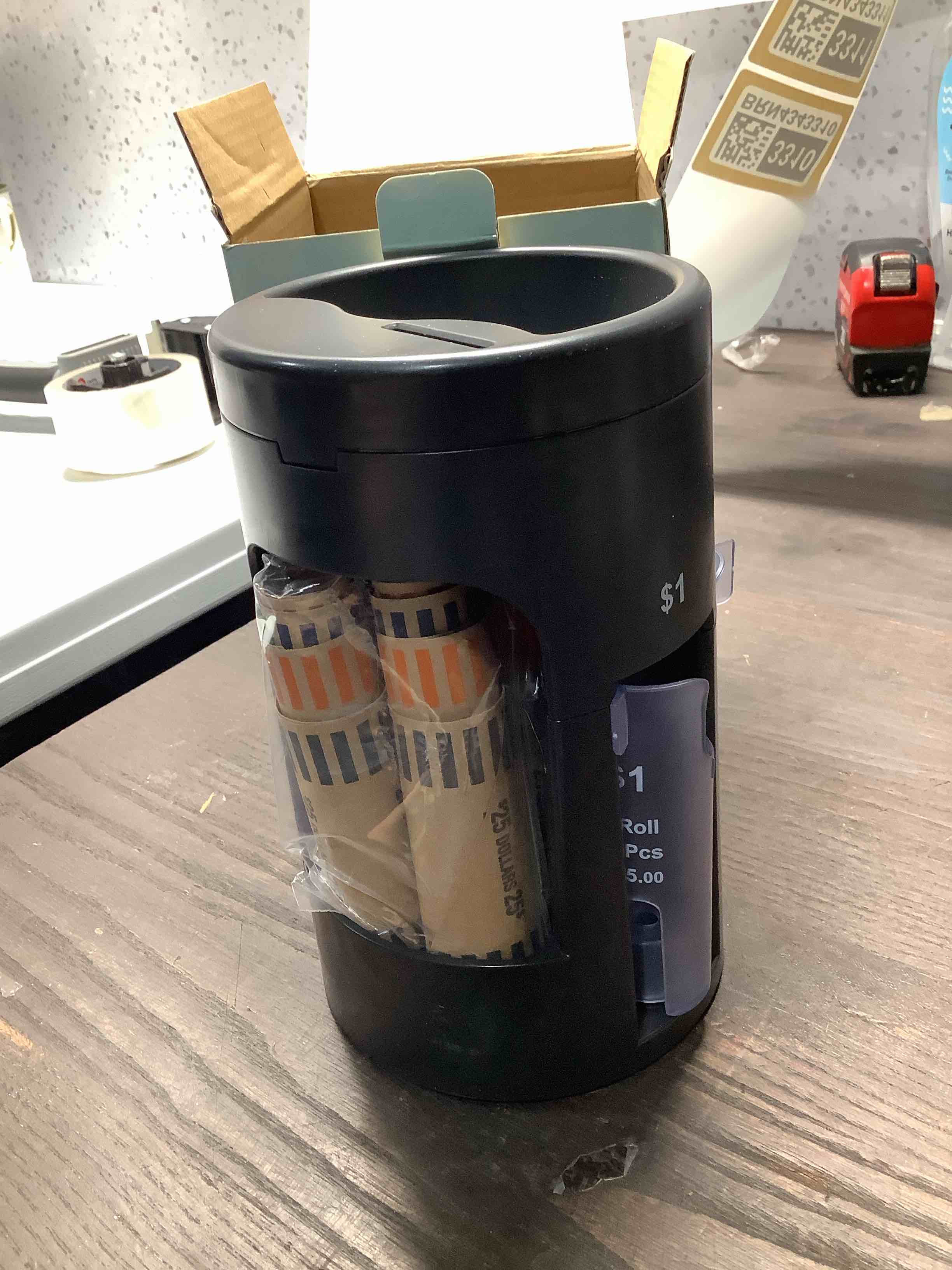 Condition photo showing Good Condition for Automatic Coin Sorter 5-in-1 Coin Counter with Coin Wrappers, Empty Piggy Bank Coin Holder Jar Quickly & Accurate as Change Sorter Machine, Widely Used at Home, Office & Store. Easy to Use