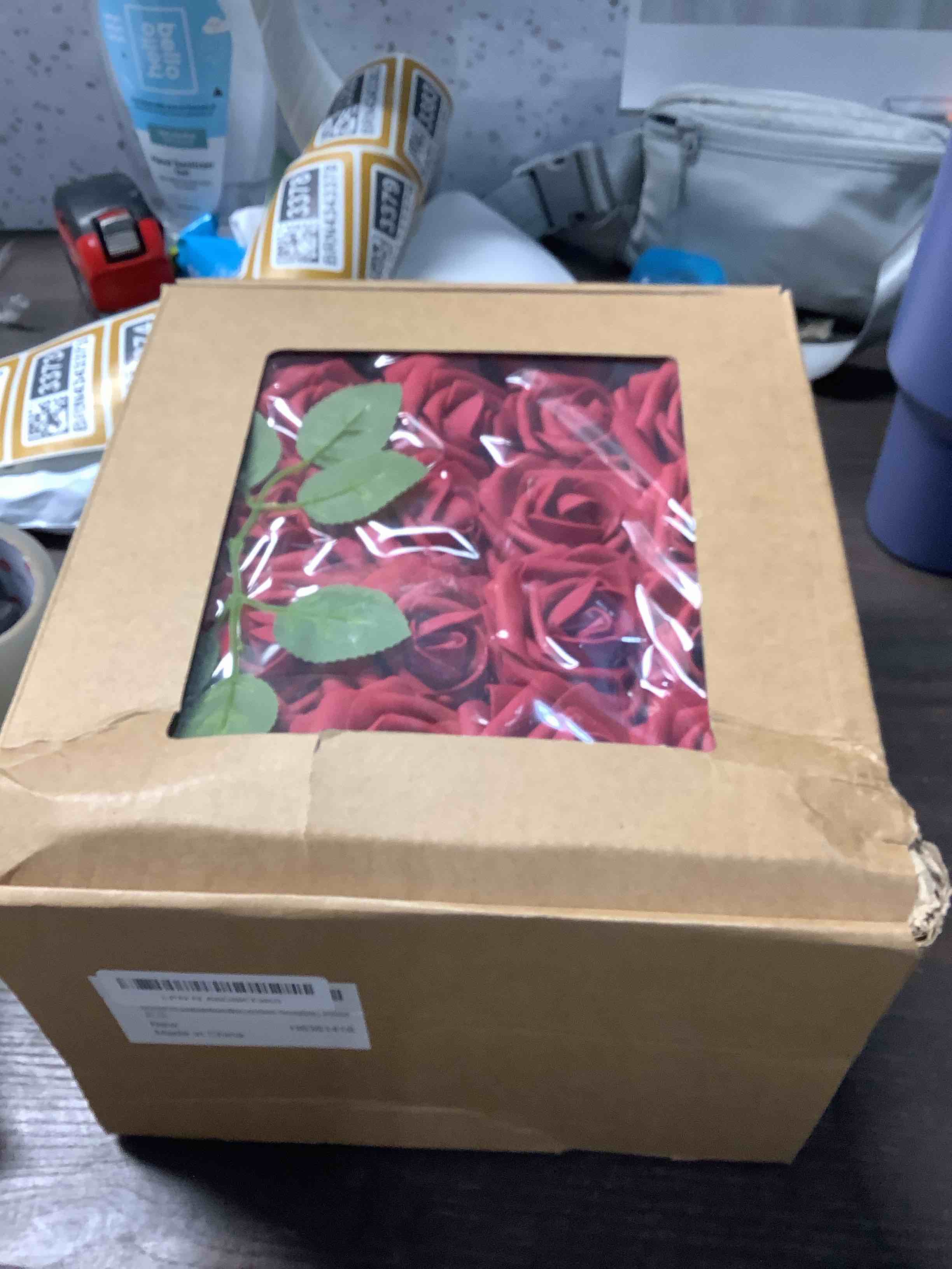 Condition photo showing Good Condition for 100pcs Artificial Flowers Dark Red Rose Real Looking Fake Foam Roses with Stem for Valentine's Day DIY Wedding Bouquets Bridal Shower Centerpieces Arrangements Party Home Decorations Red 100pcs